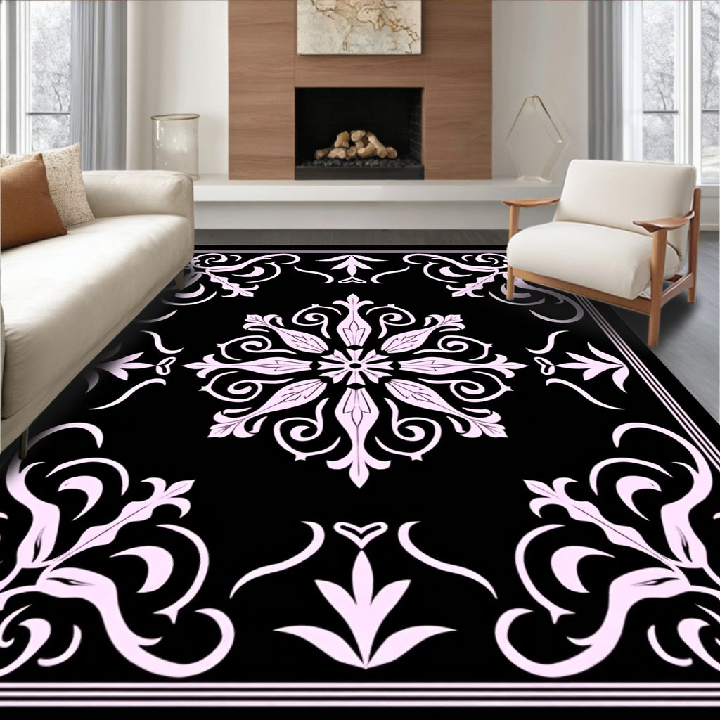 Elegant Filigree Black Pink Floral Rug