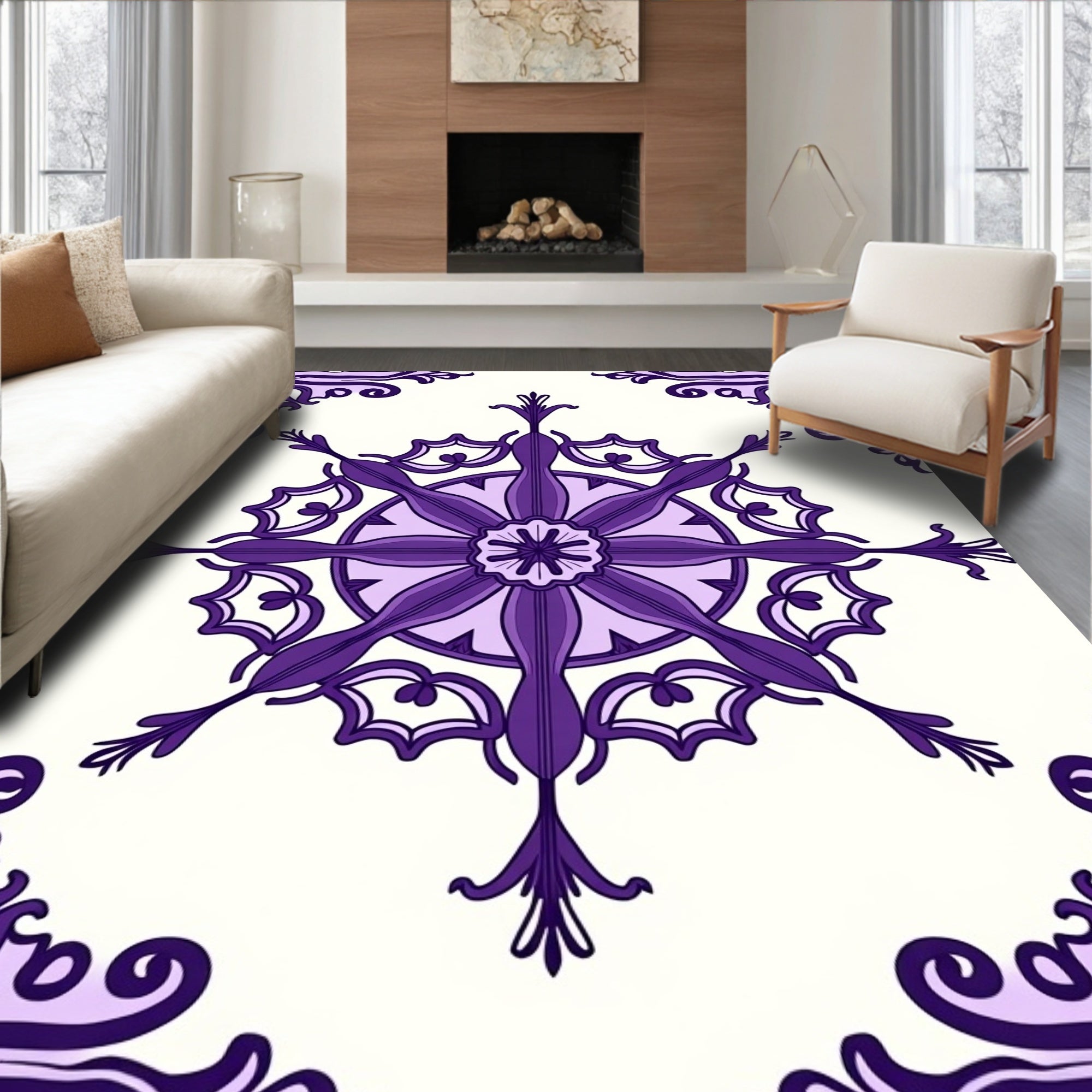 Ornate Purple Floral Mandala Design Rug