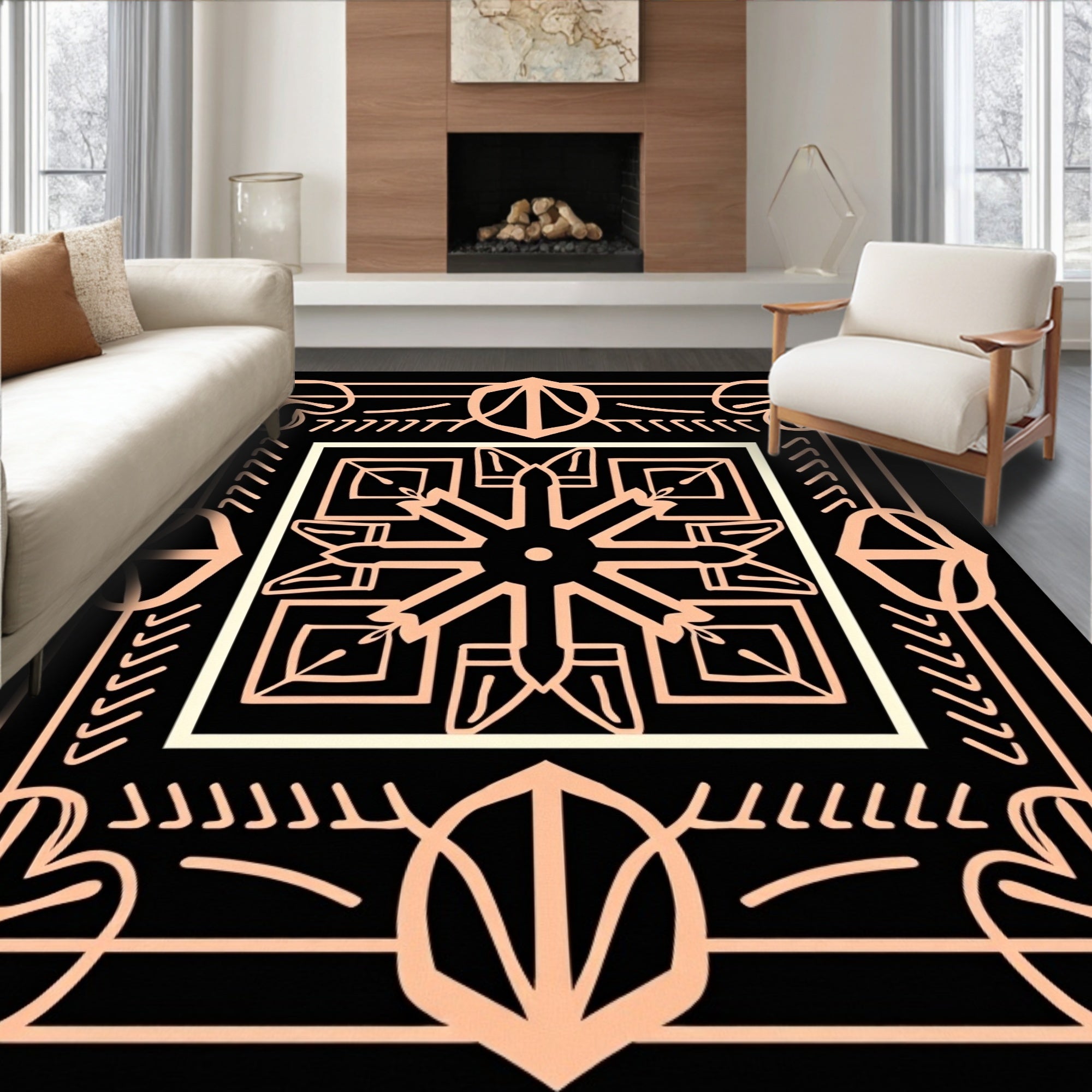 Black Rose Gold Geometric Floral Rug