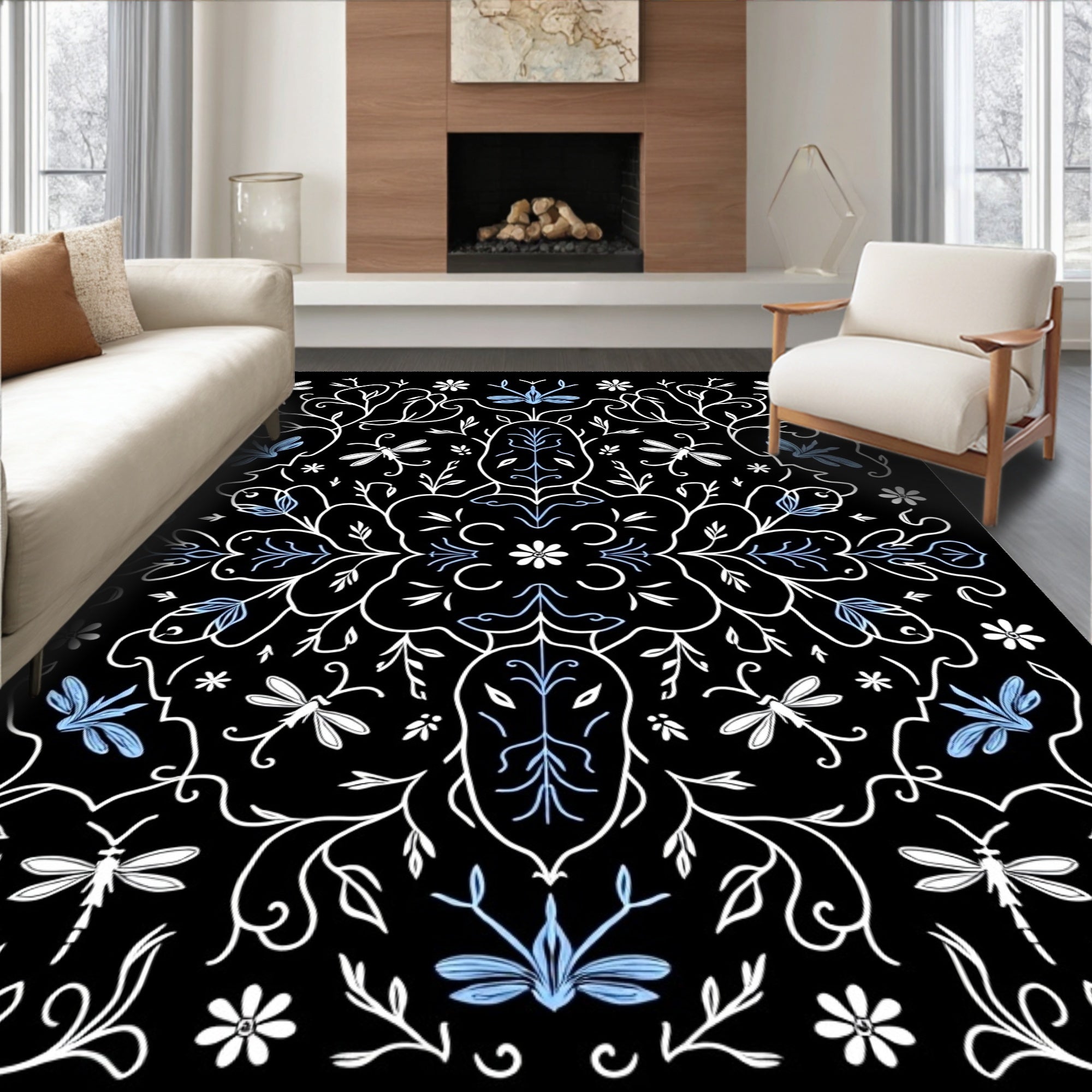 Whimsical Garden Dragonfly Pattern Design Rug