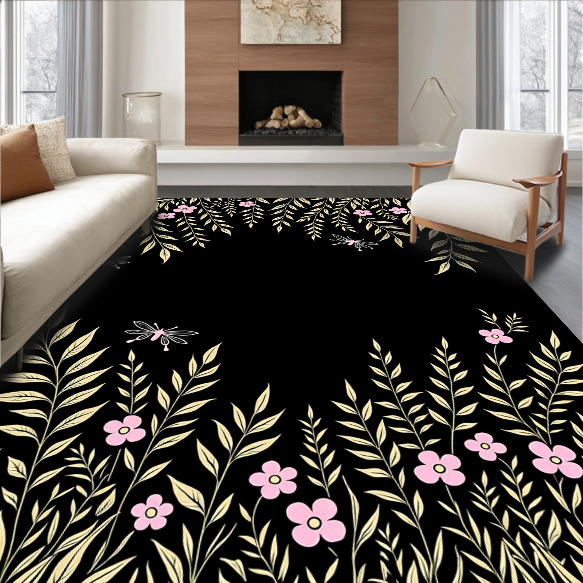 Golden Leaves and Pink Flowers Delightful Rug