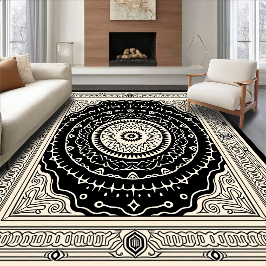 Intricate Radial Black Ivory Pattern Rug