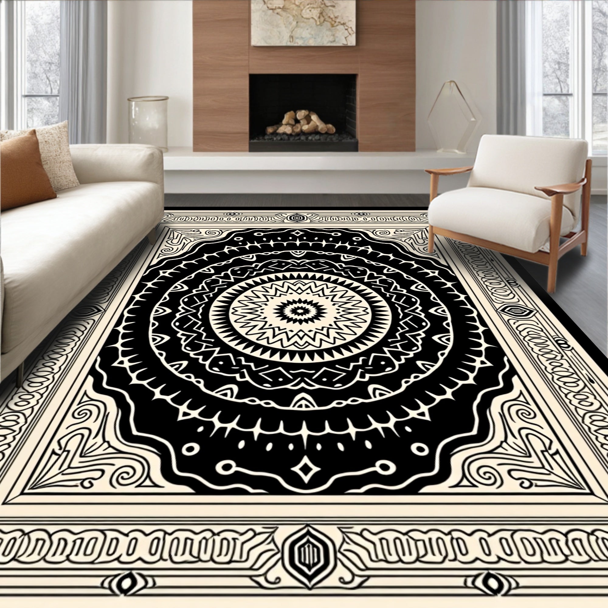 Intricate Radial Black Ivory Pattern Rug