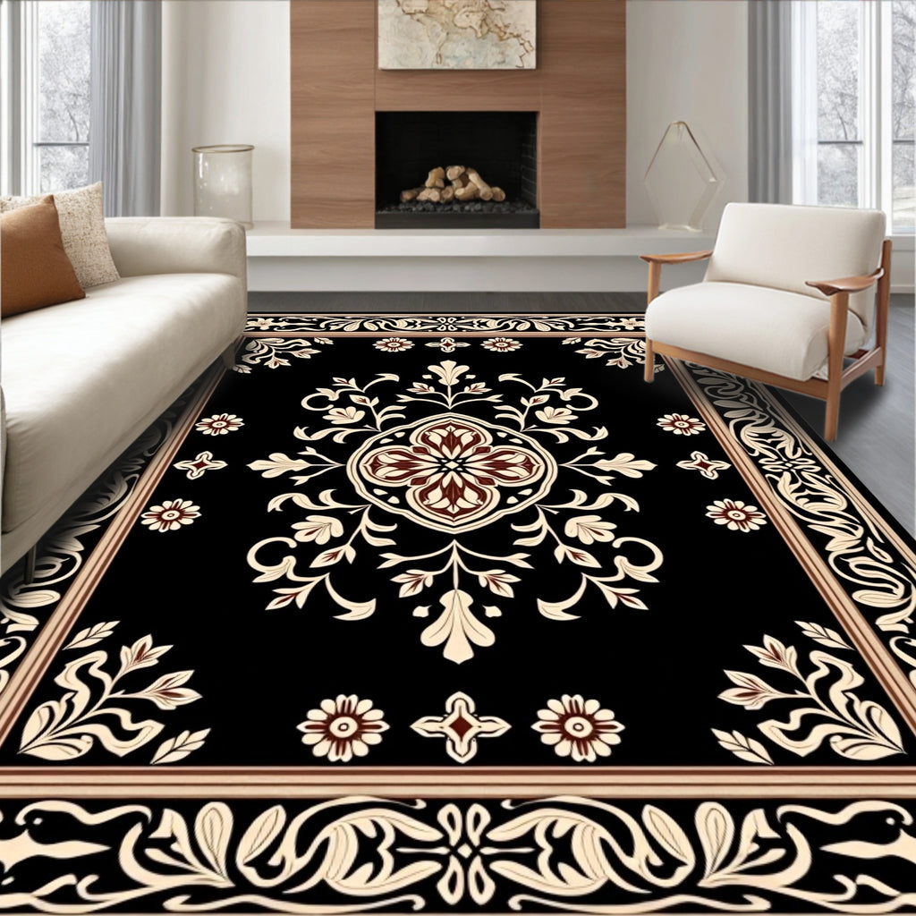 Elegant Black Floral Medallion Pattern Rug