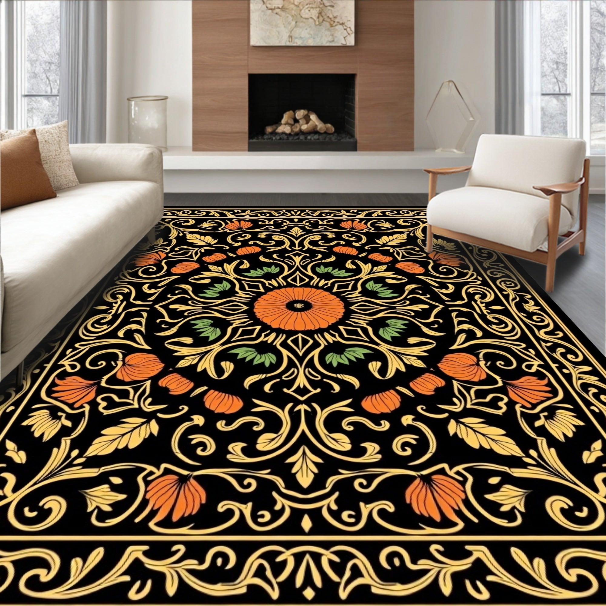 Ornate Floral Scrollwork Black Orange Rug