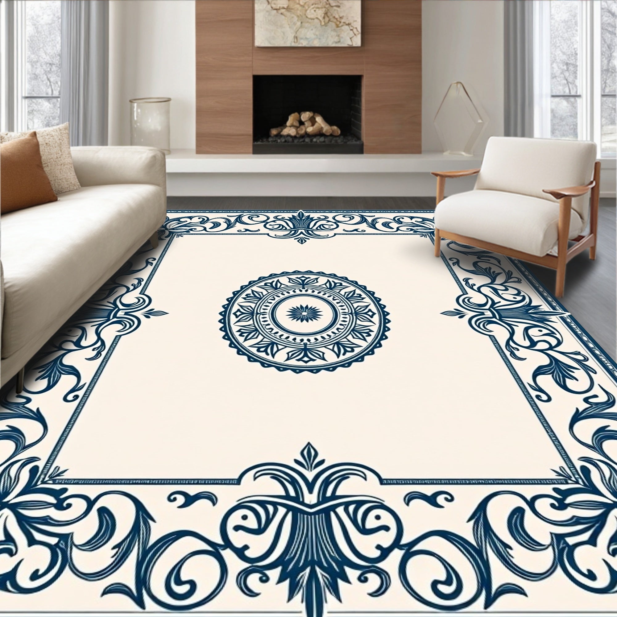 Elegant Blue Floral Medallion Frame Rug