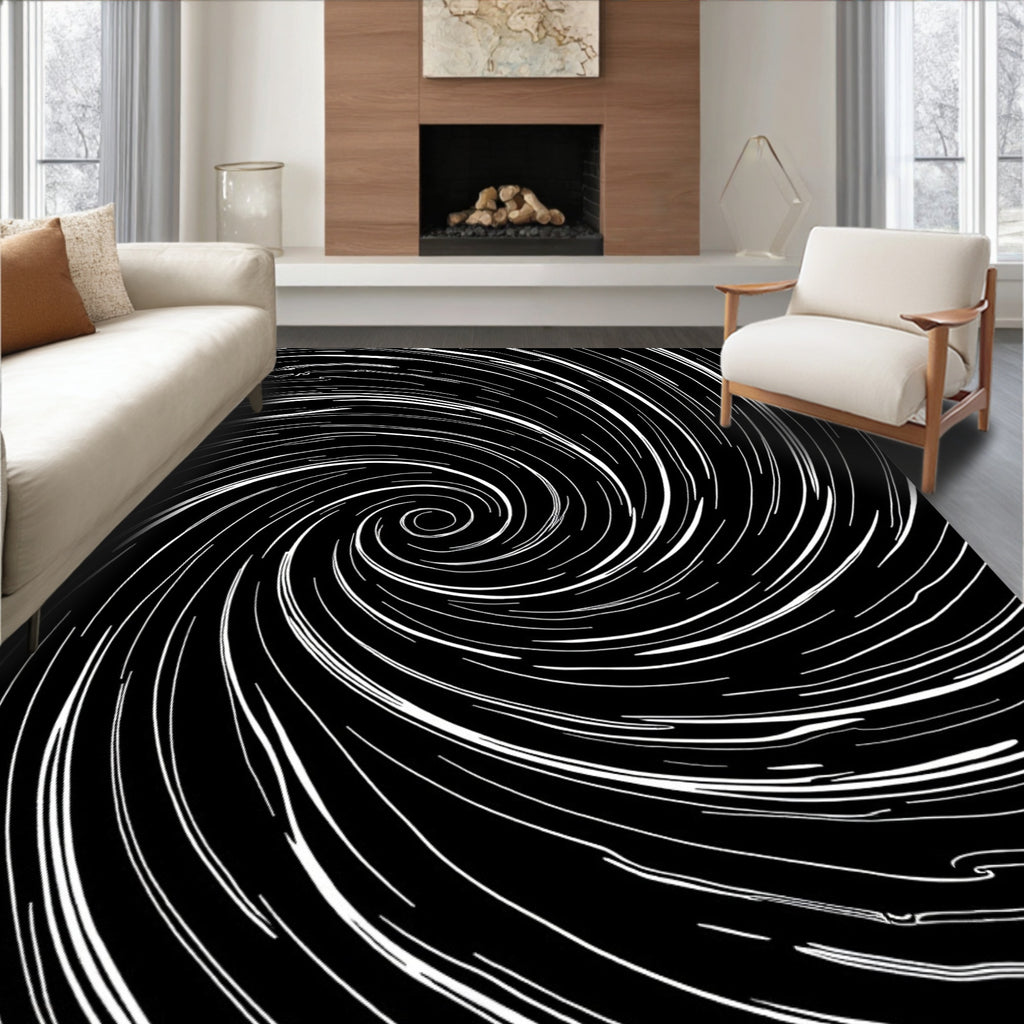 Abstract White Swirl Black Rug