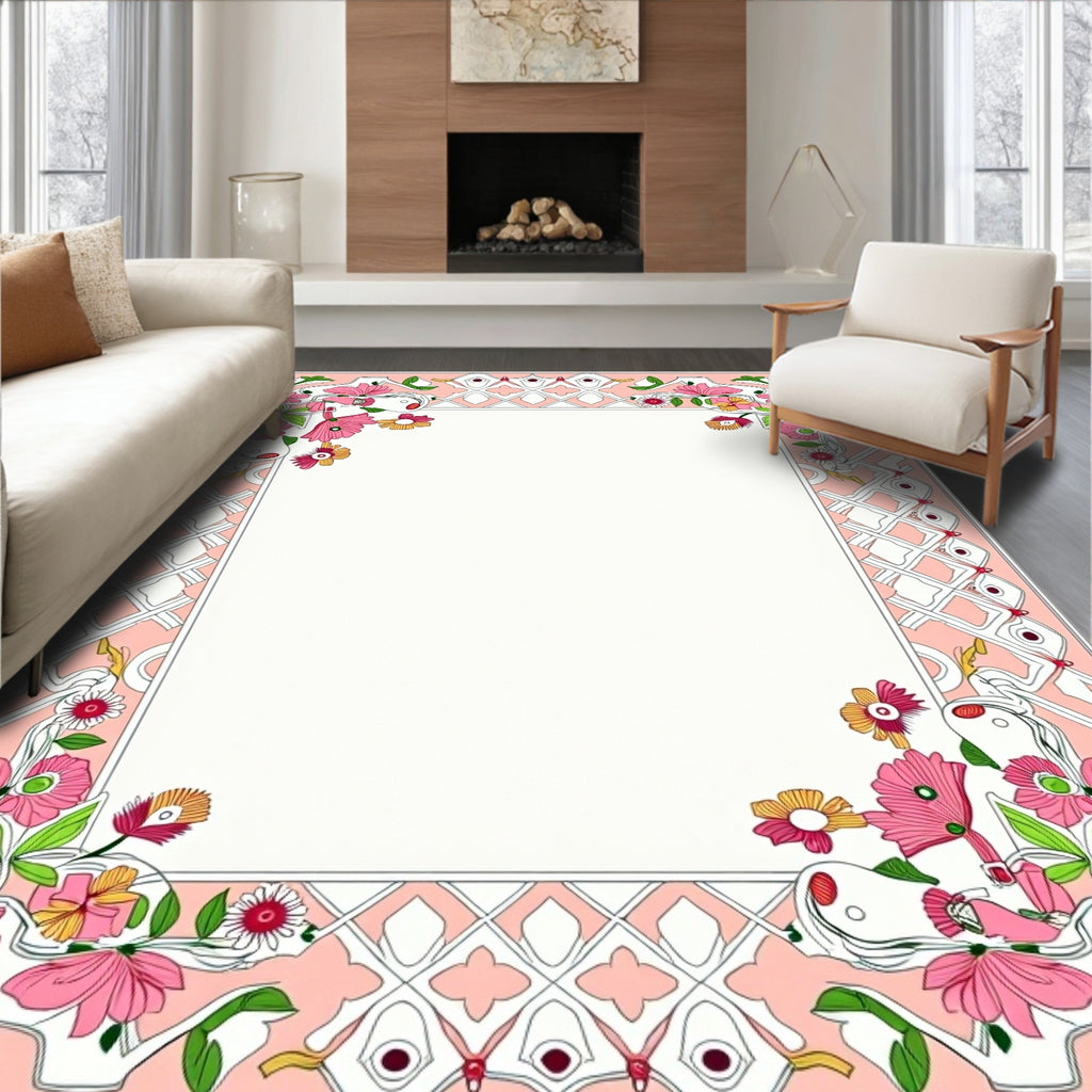 Pink Floral Whimsical Geometric Border Rug