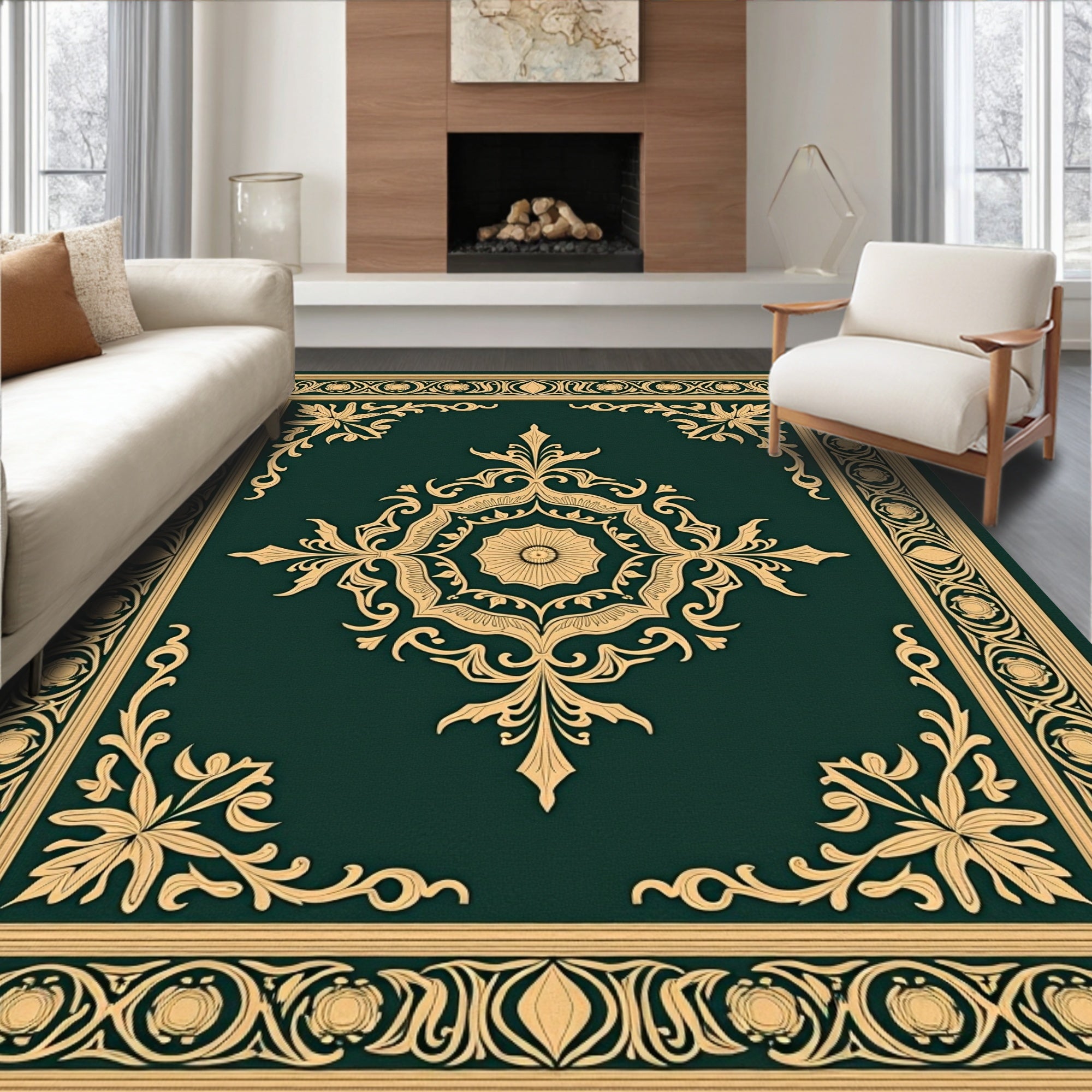Ornate Floral Medallion Border Design Rug