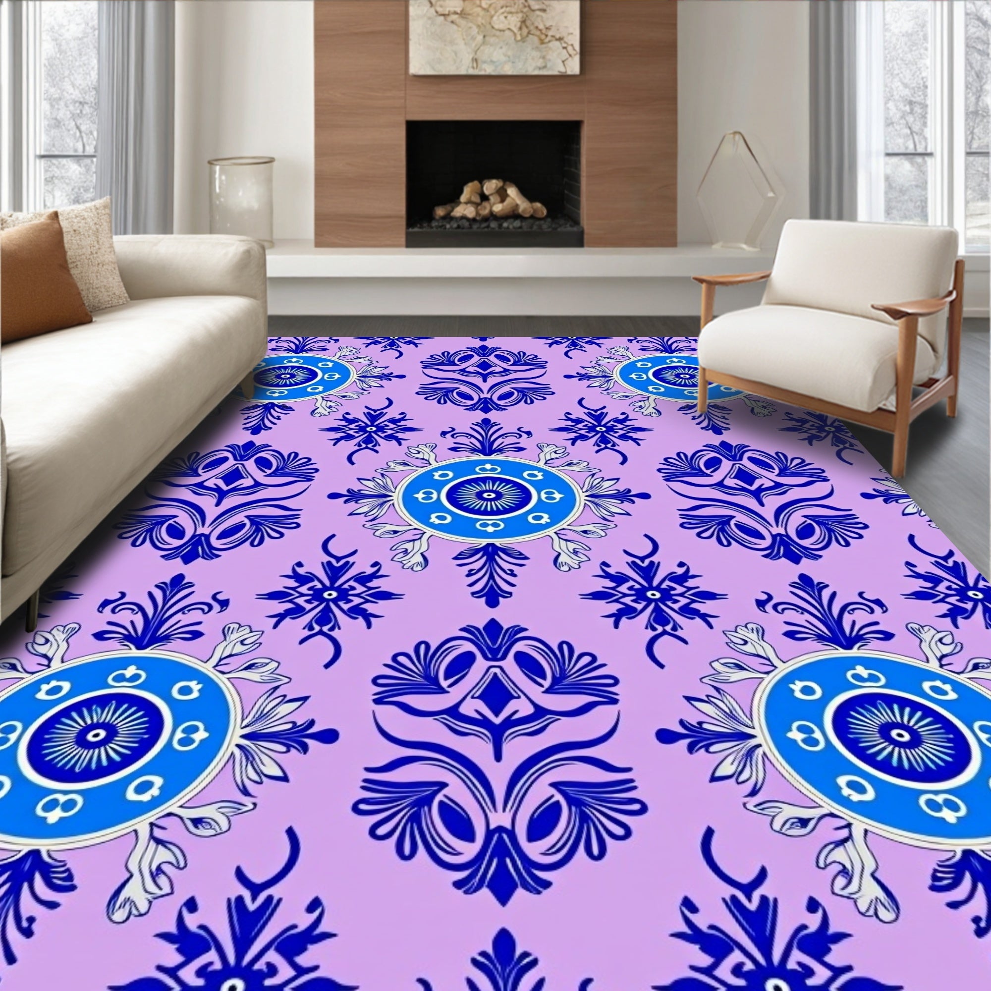Blue Floral Medallion Patterned Violet Surface Rug