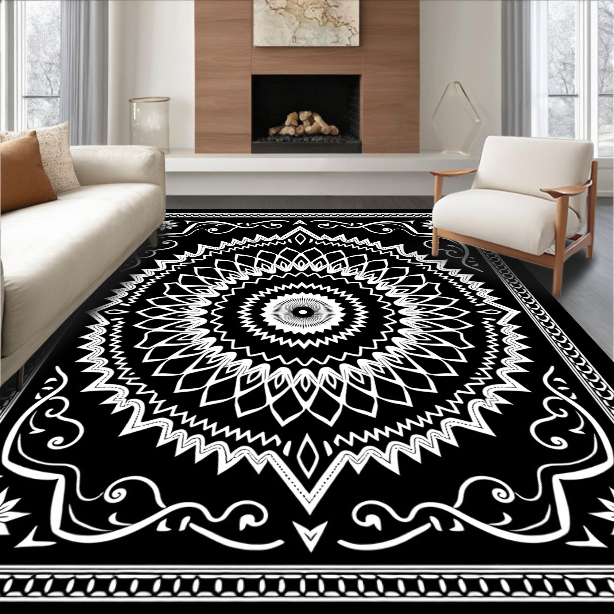 Intricate Mandala Black White Pattern Rug