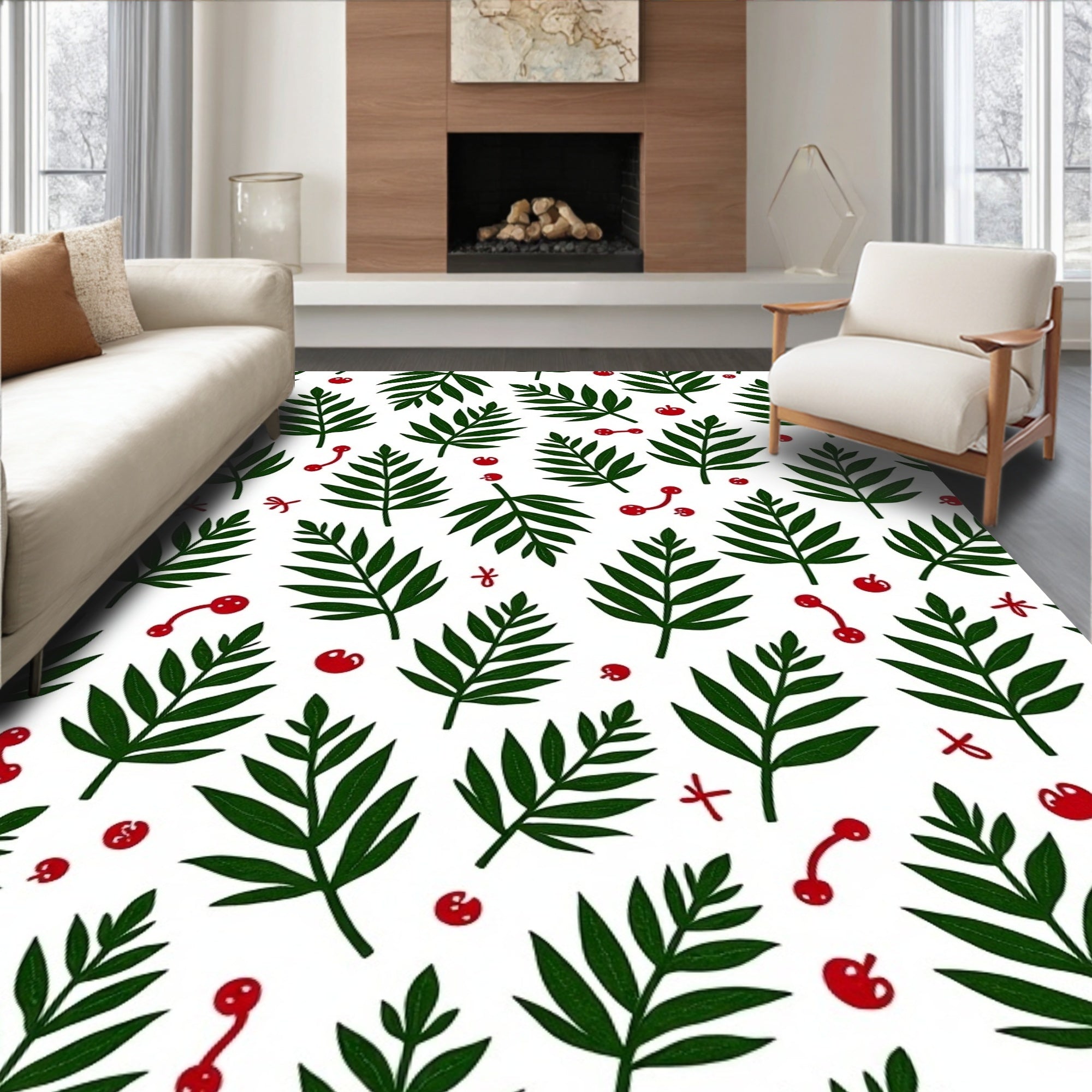 Green Leaf Red Berry Scatter Rug