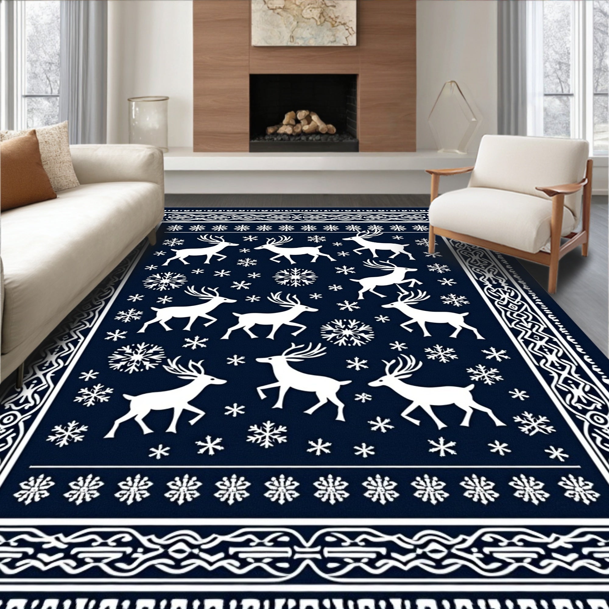 Navy White Festive Reindeer Snowflake Scene Rug