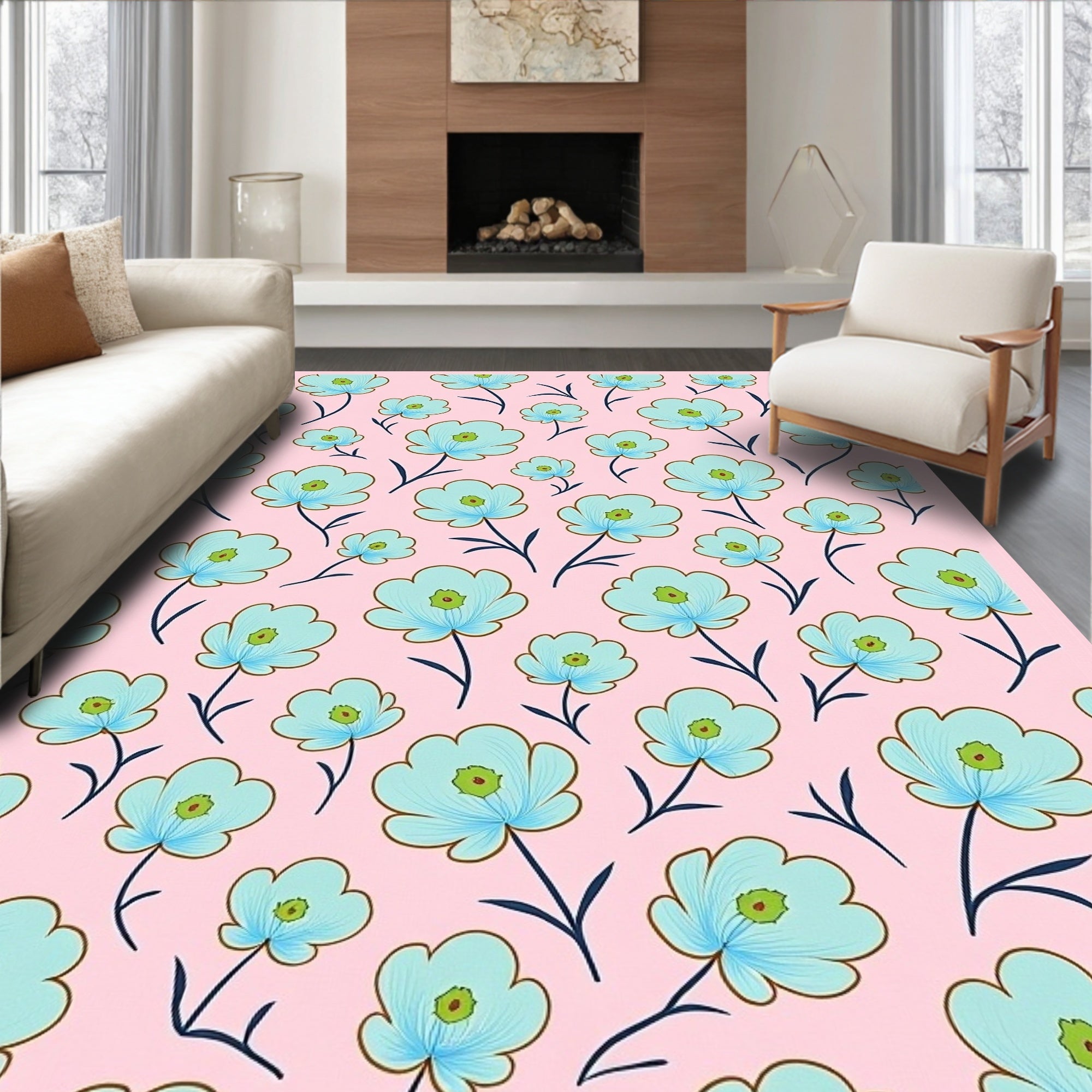 Pastel Blue Floral Bloom Rug