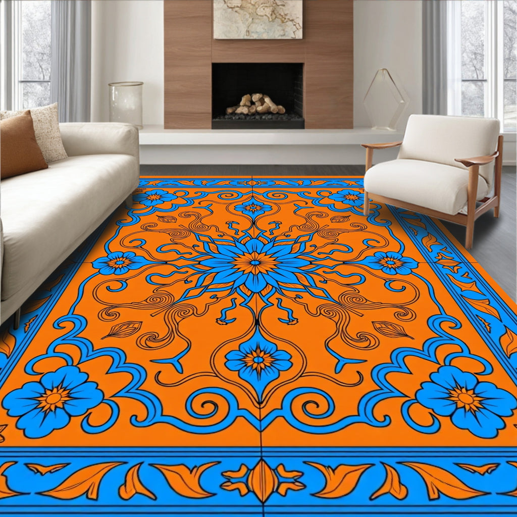 Vibrant Orange Blue Floral Medallion Rug