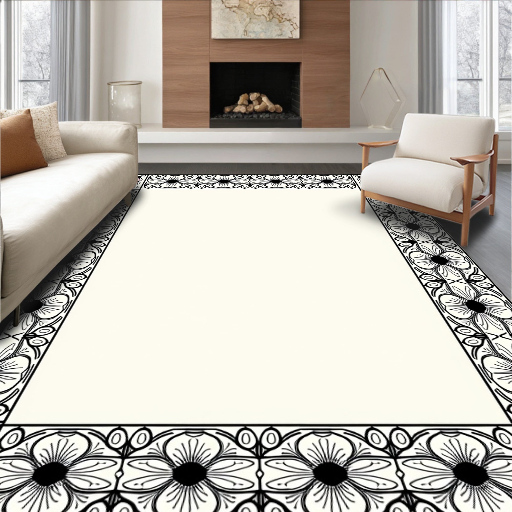 Floral Border With 4-Petal Flower Pattern Rug
