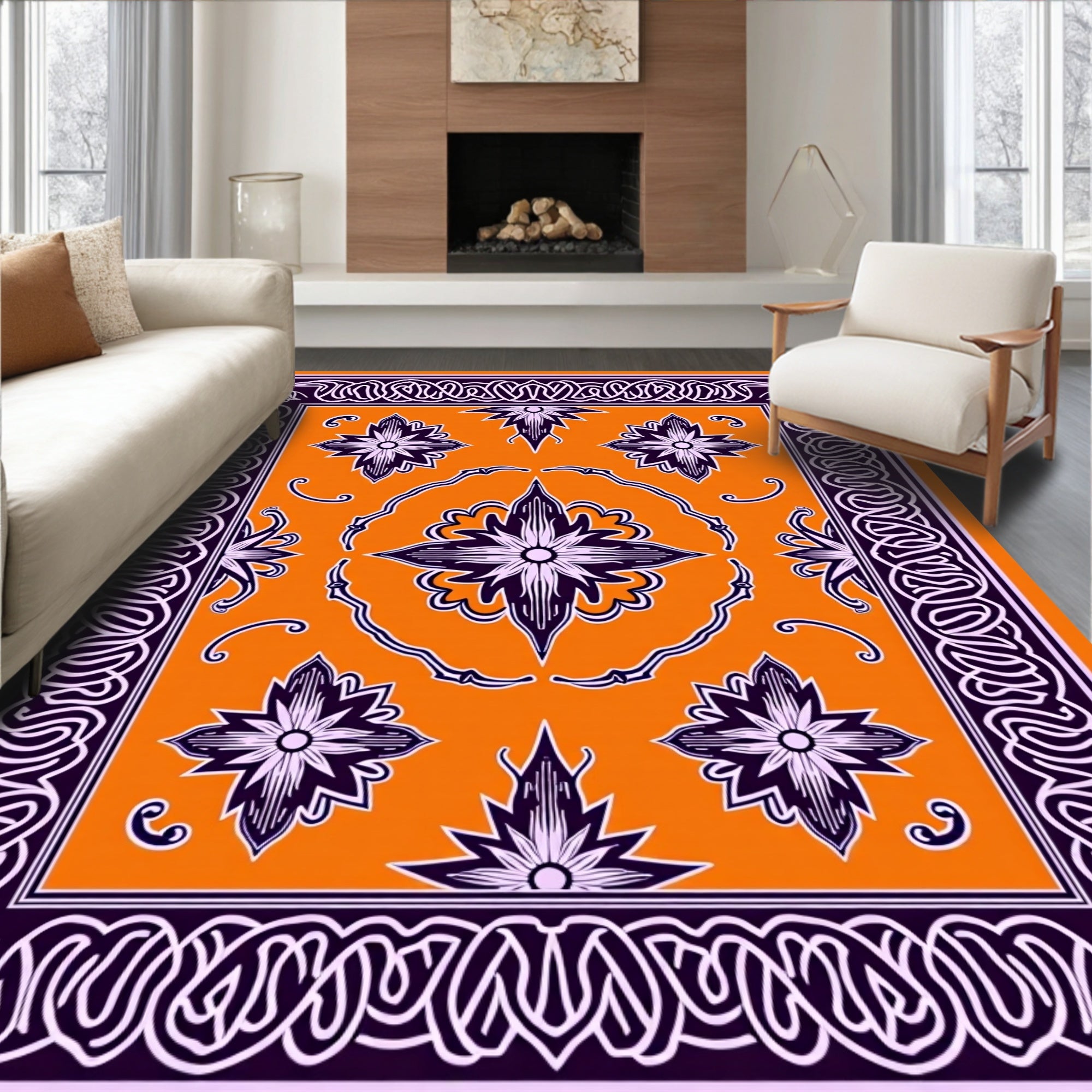Intricate Floral Border With Starbursts Rug
