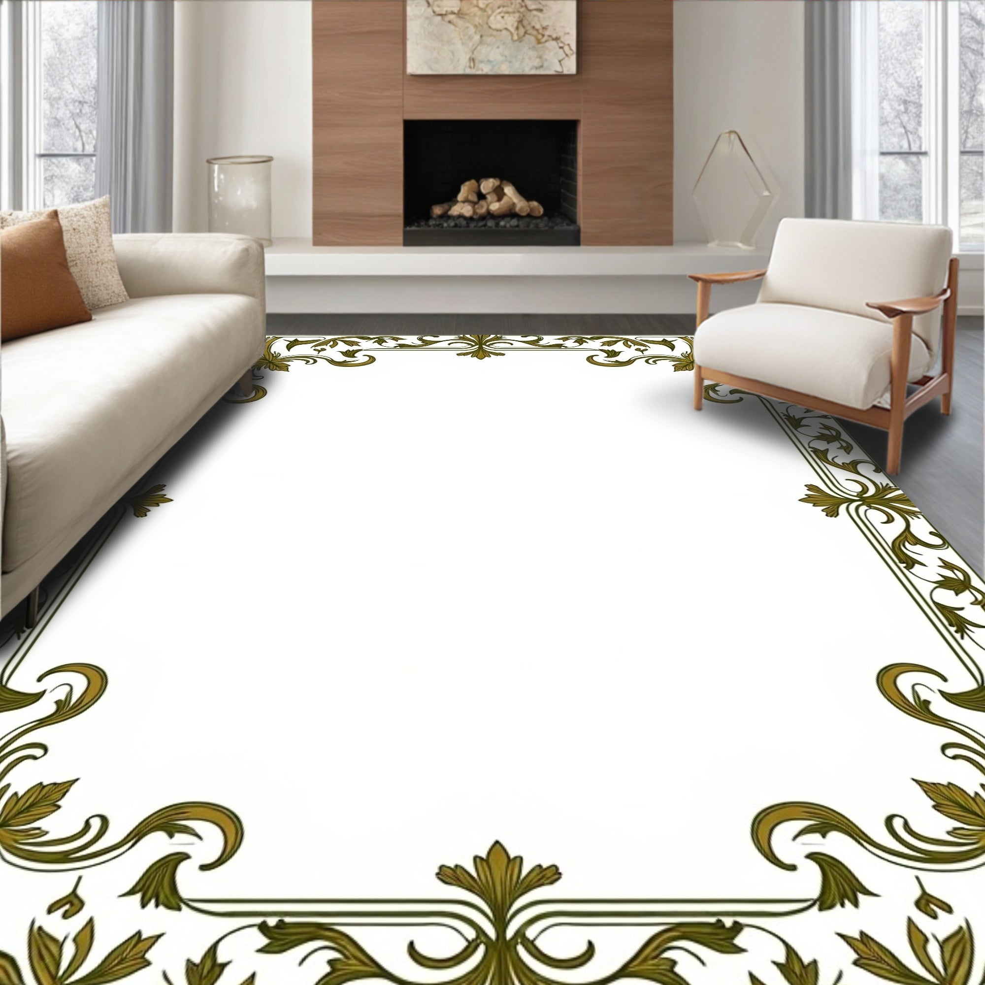 Ornate Floral Scroll Border Design Rug