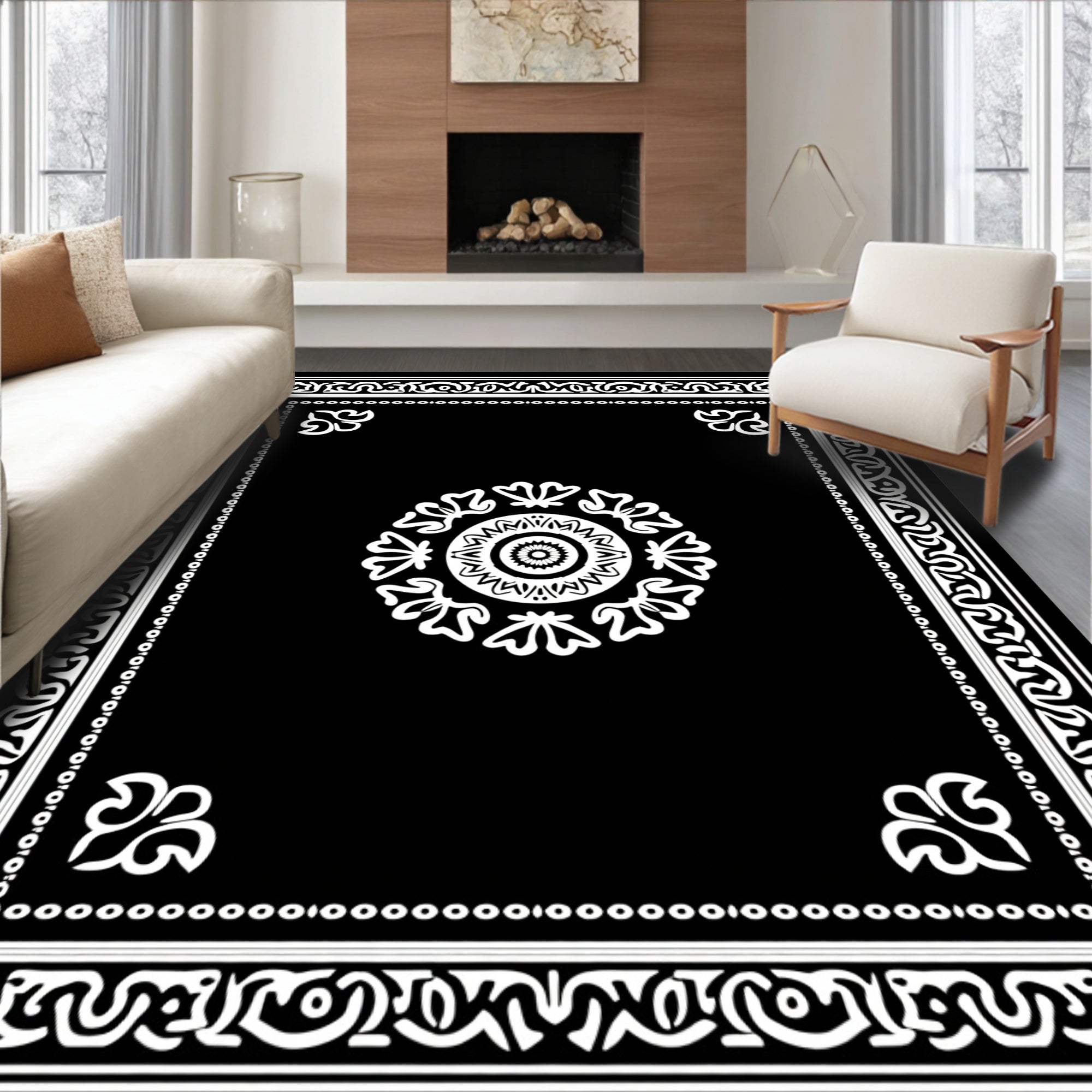 Black White Ornate Mandala Pattern Rug