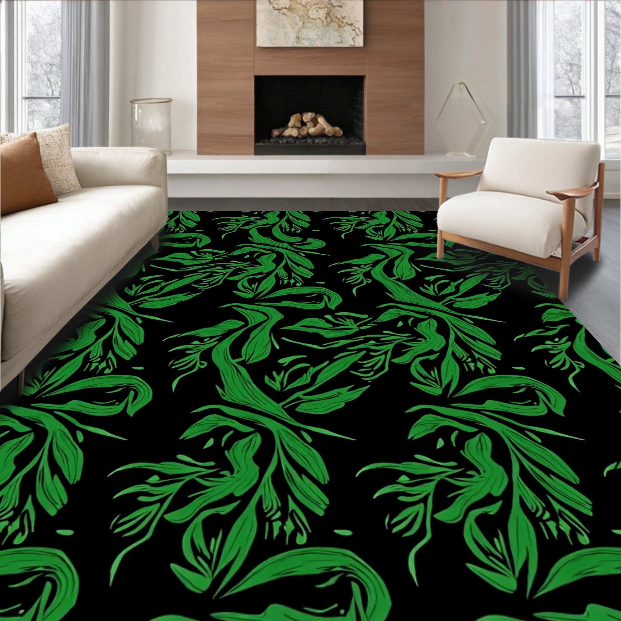 Dynamic Green Leaf Abstract Pattern Rug