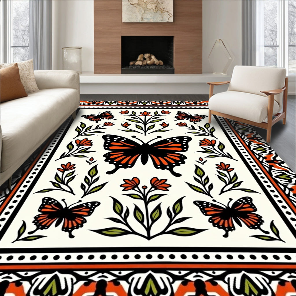 Bold Orange Green Butterfly Pattern Rug