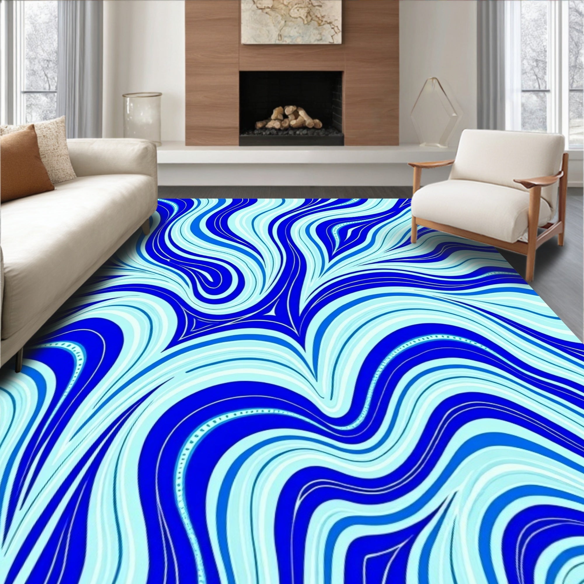 Abstract Blue Swirl Fluid Flow Design Rug