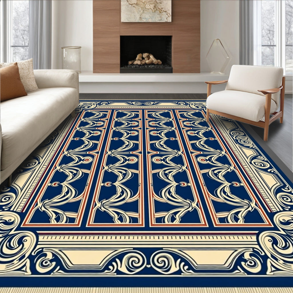 Art Nouveau Dark Blue Ivory Accent Rug