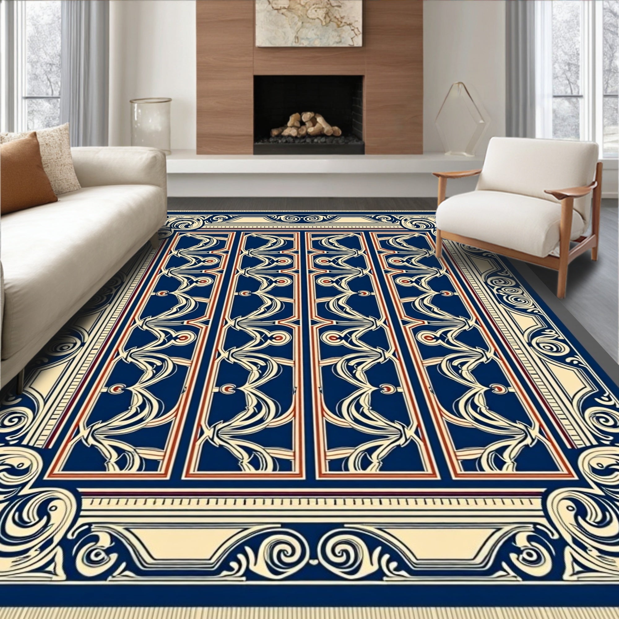 Art Nouveau Dark Blue Ivory Accent Rug