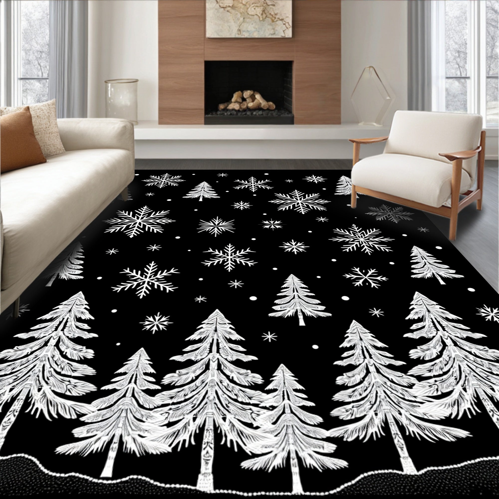 White Snowflakes and Pine Trees Rug