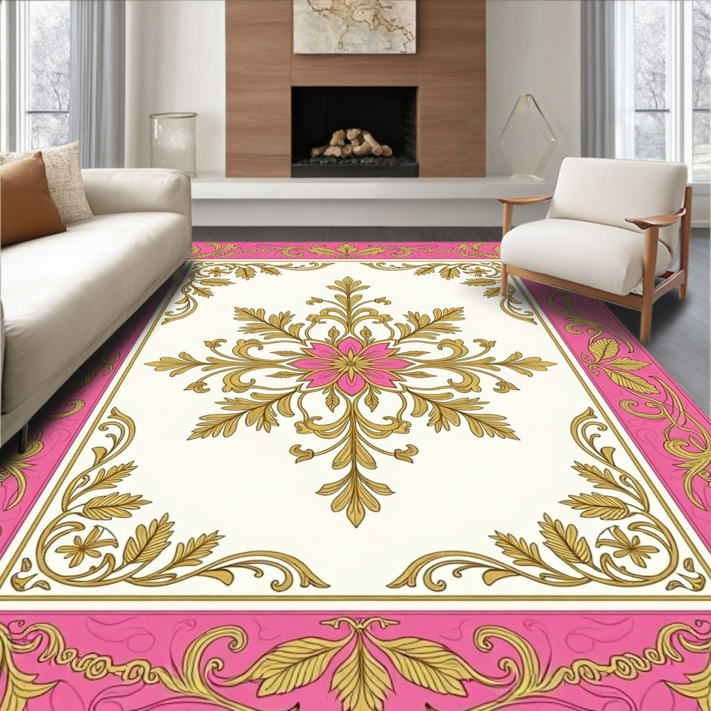 Ornate Floral Pink Gold Pattern Rug