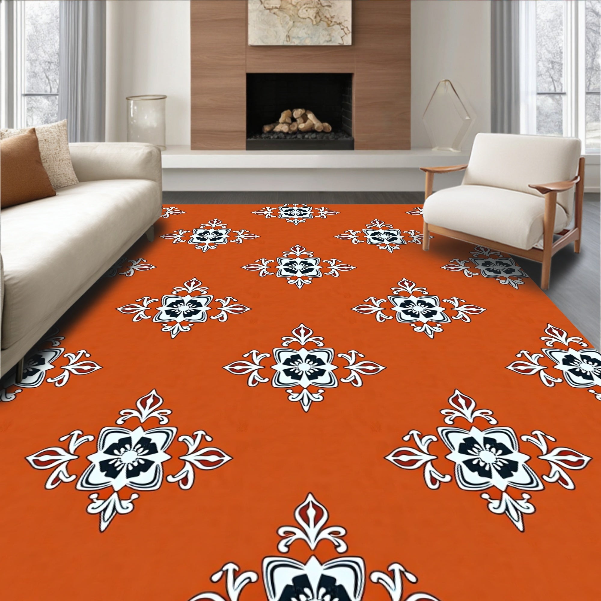 Ornate Floral Motif Red Orange Pattern Rug