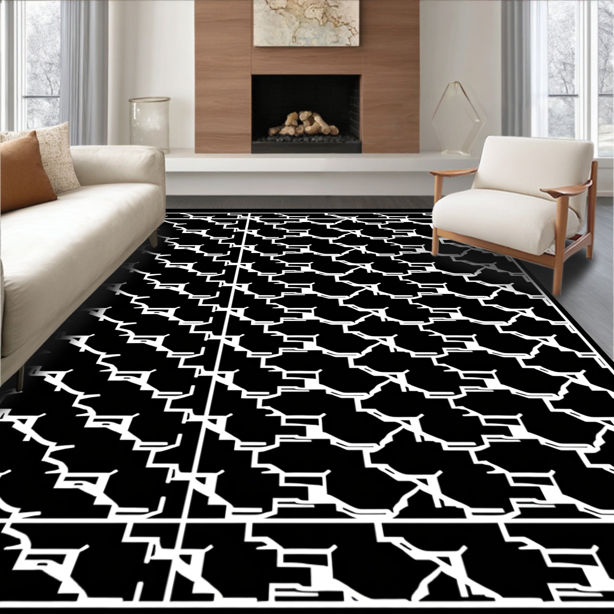 Modern Black White Geometric Pattern Rug