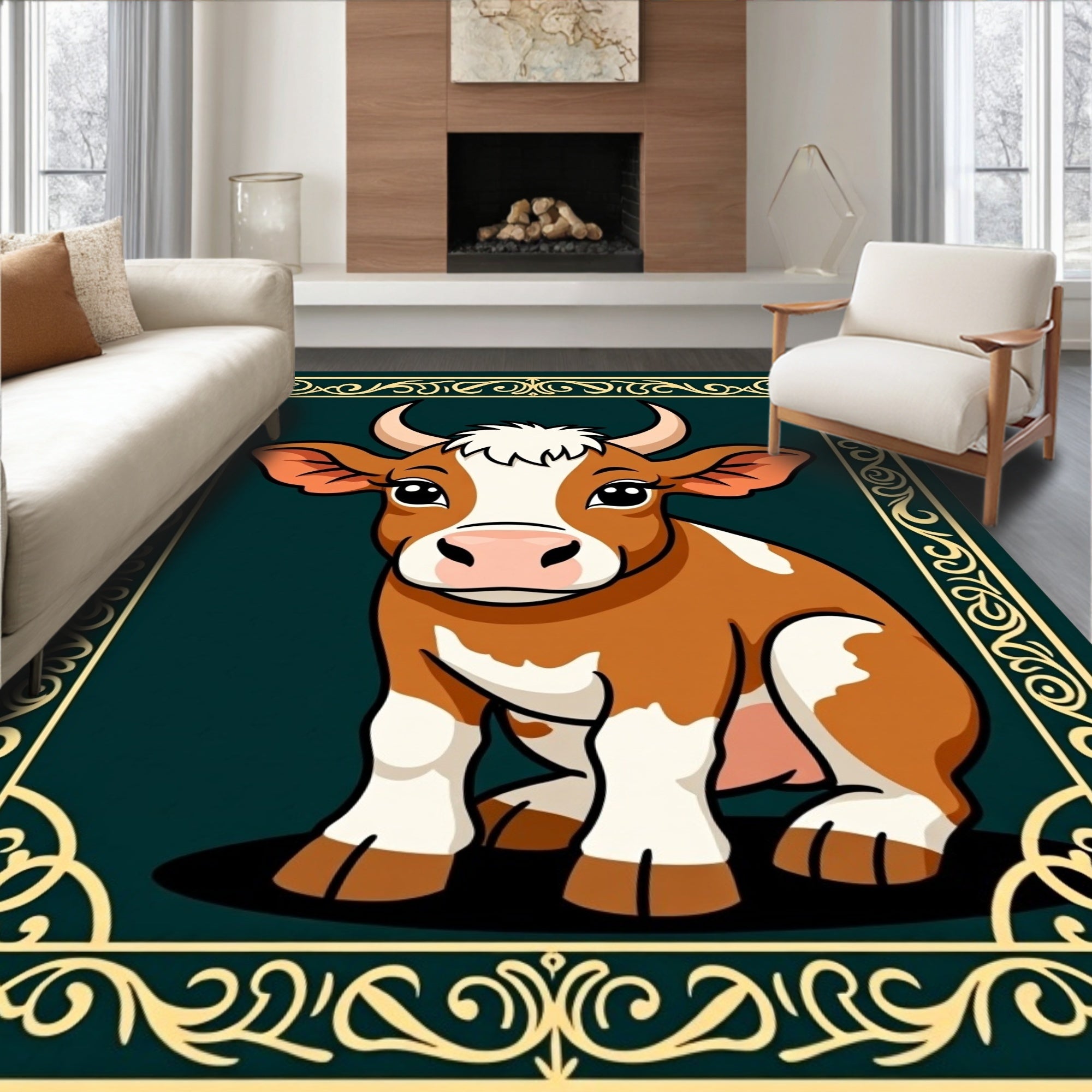 Charming Brown Cow Ornate Farm Animal Rug