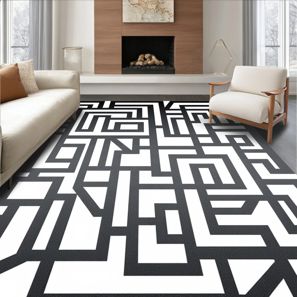Monochromatic Abstract Geometric Tangle Pattern Rug