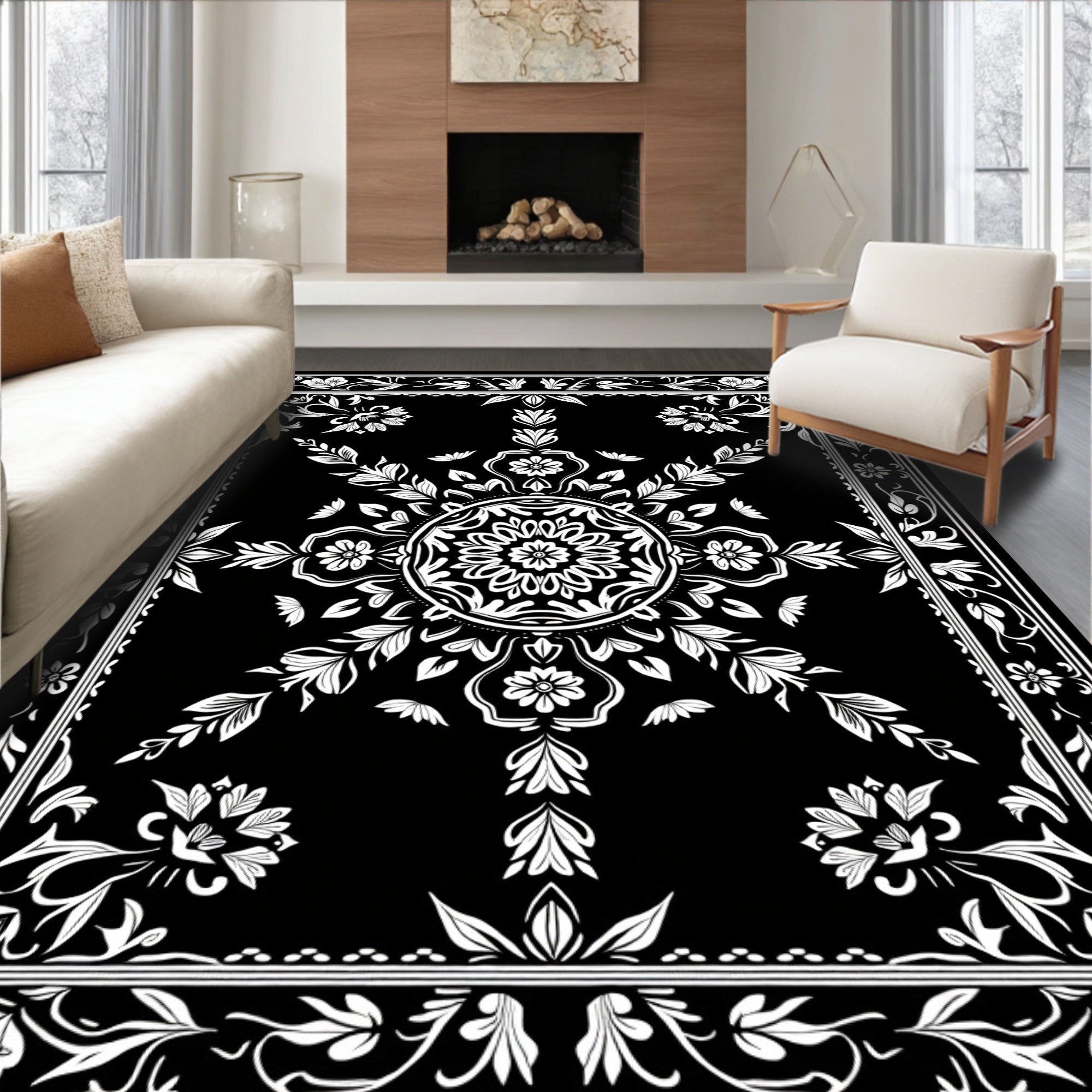 Classic Black White Floral Medallion Rug