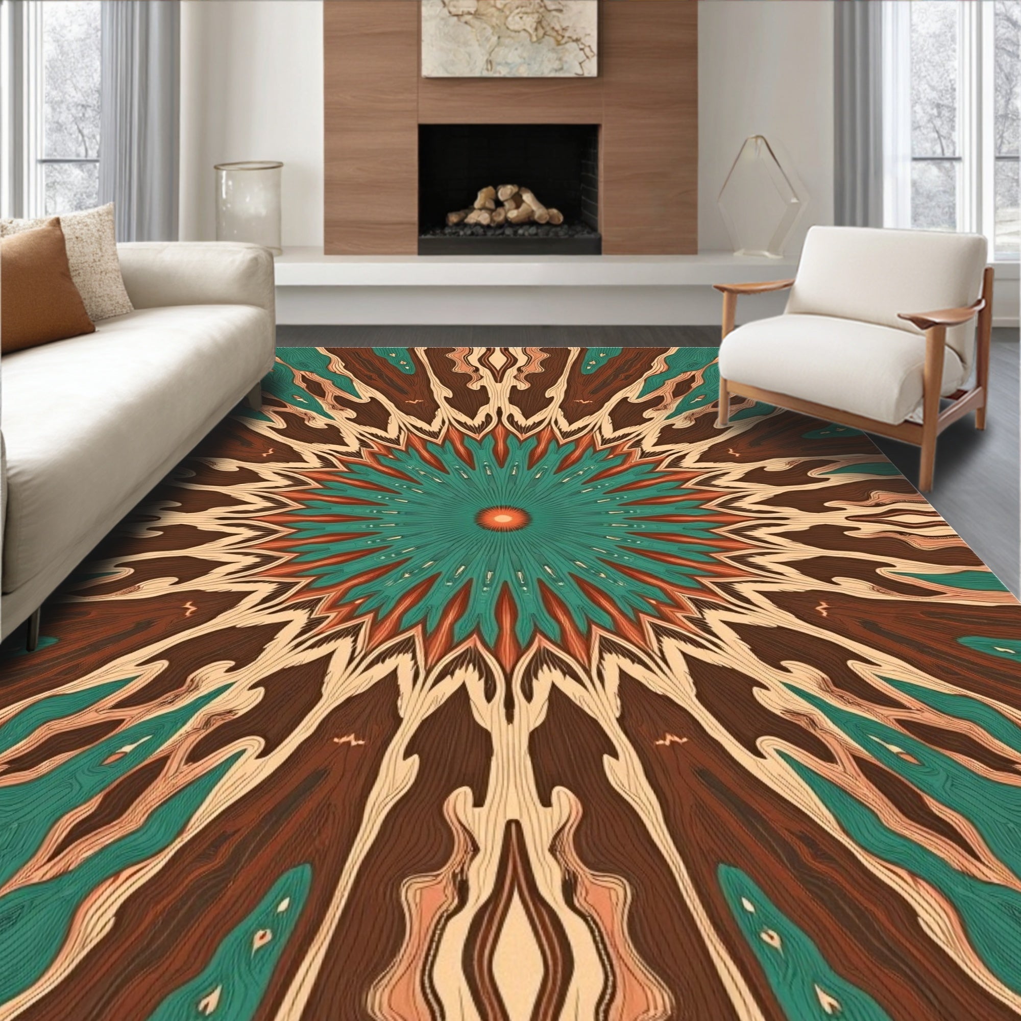 Radiant Sunburst Wood Grain Pattern Rug