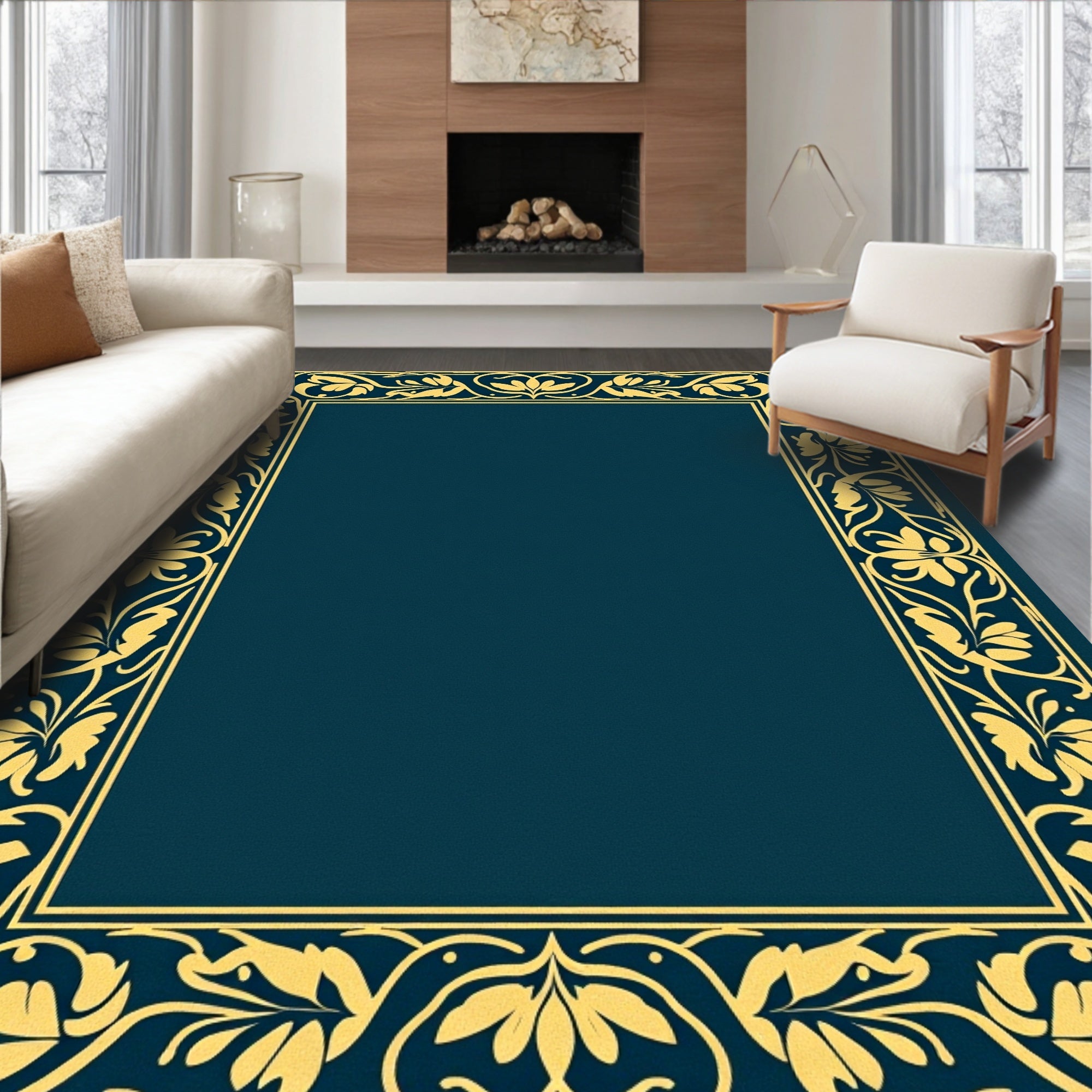 Golden Floral Scroll Border Design Rug