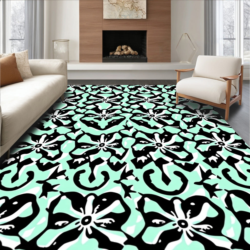 Black White Floral Graphic Pattern Rug