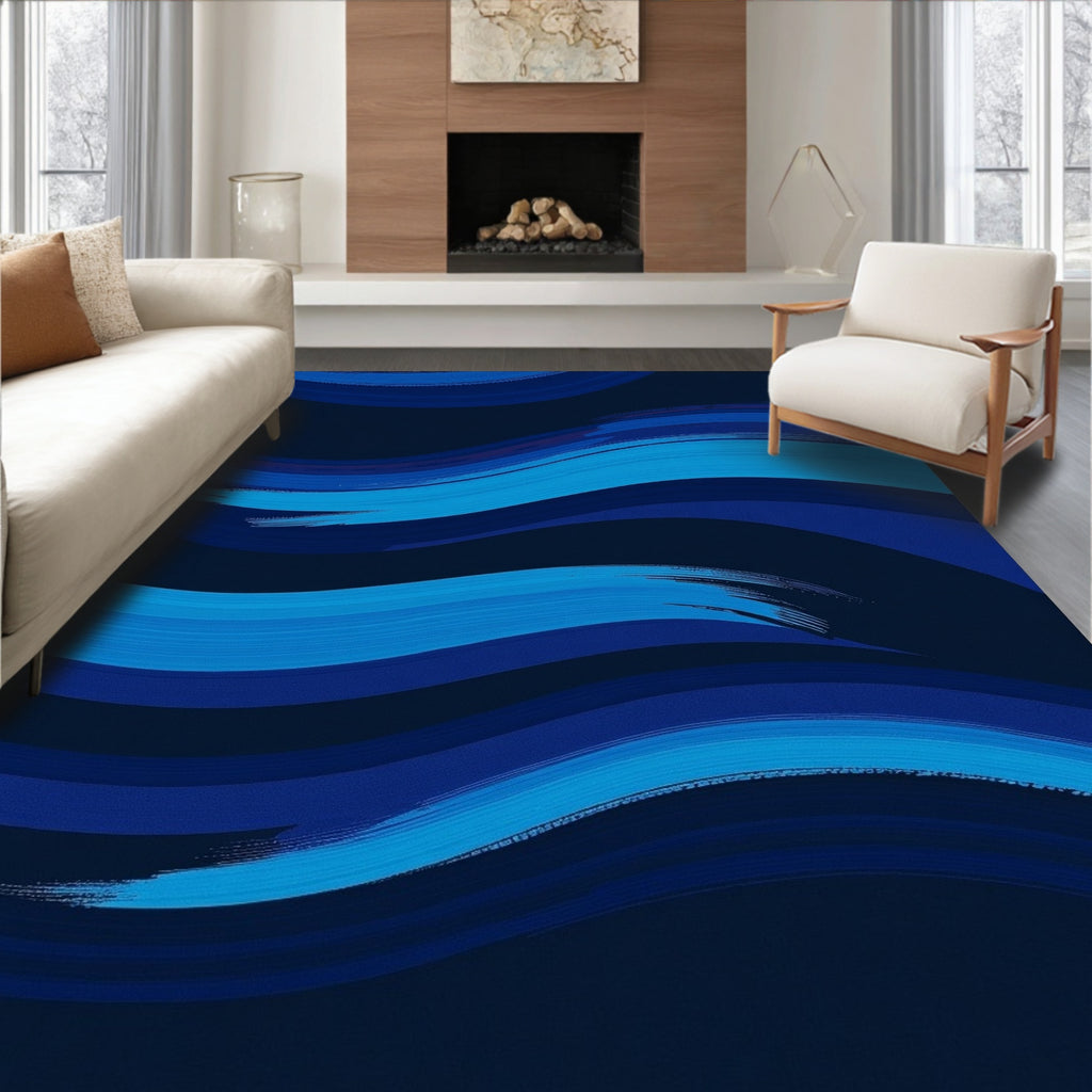Abstract Blue Wave Brush Stroke Rug