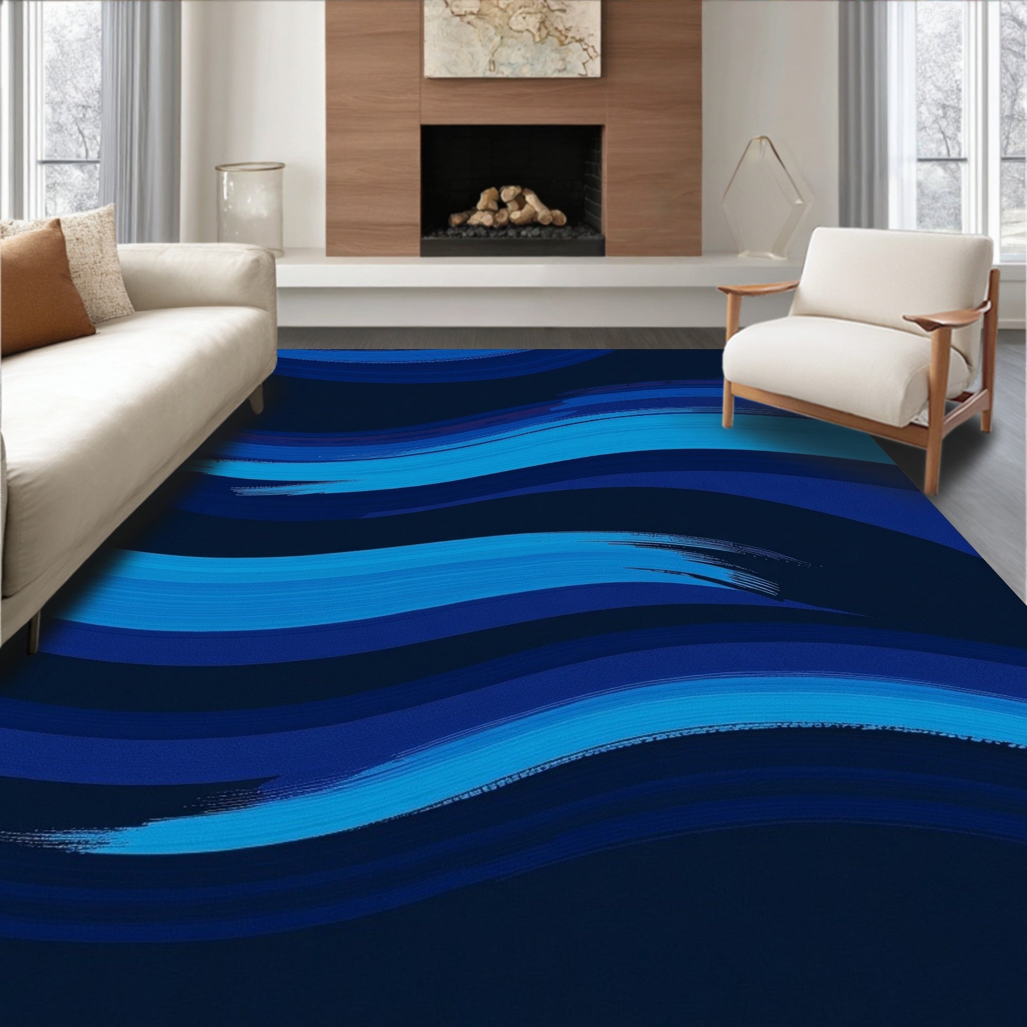 Abstract Blue Wave Brush Stroke Rug