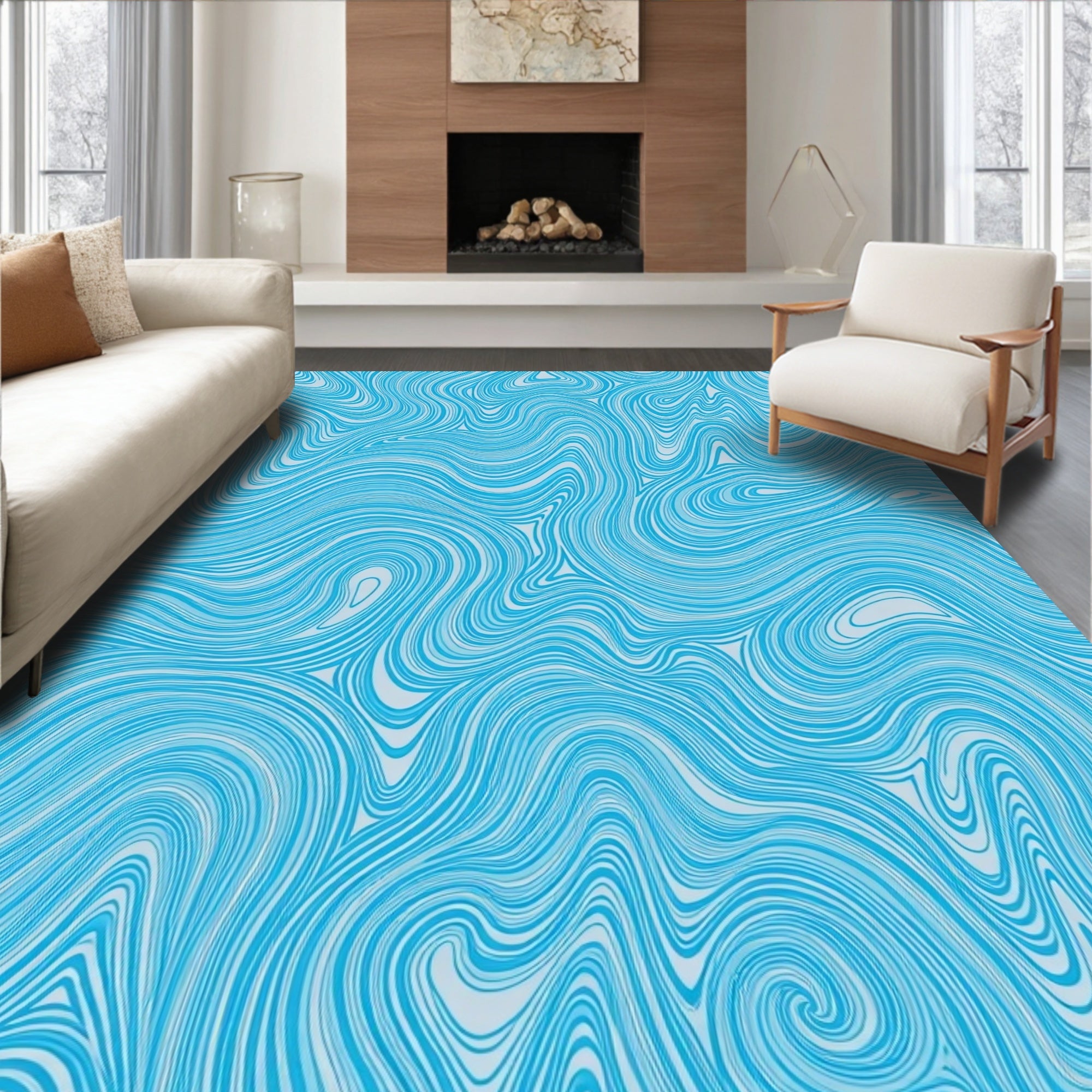 Abstract Blue Swirl Pattern Rug