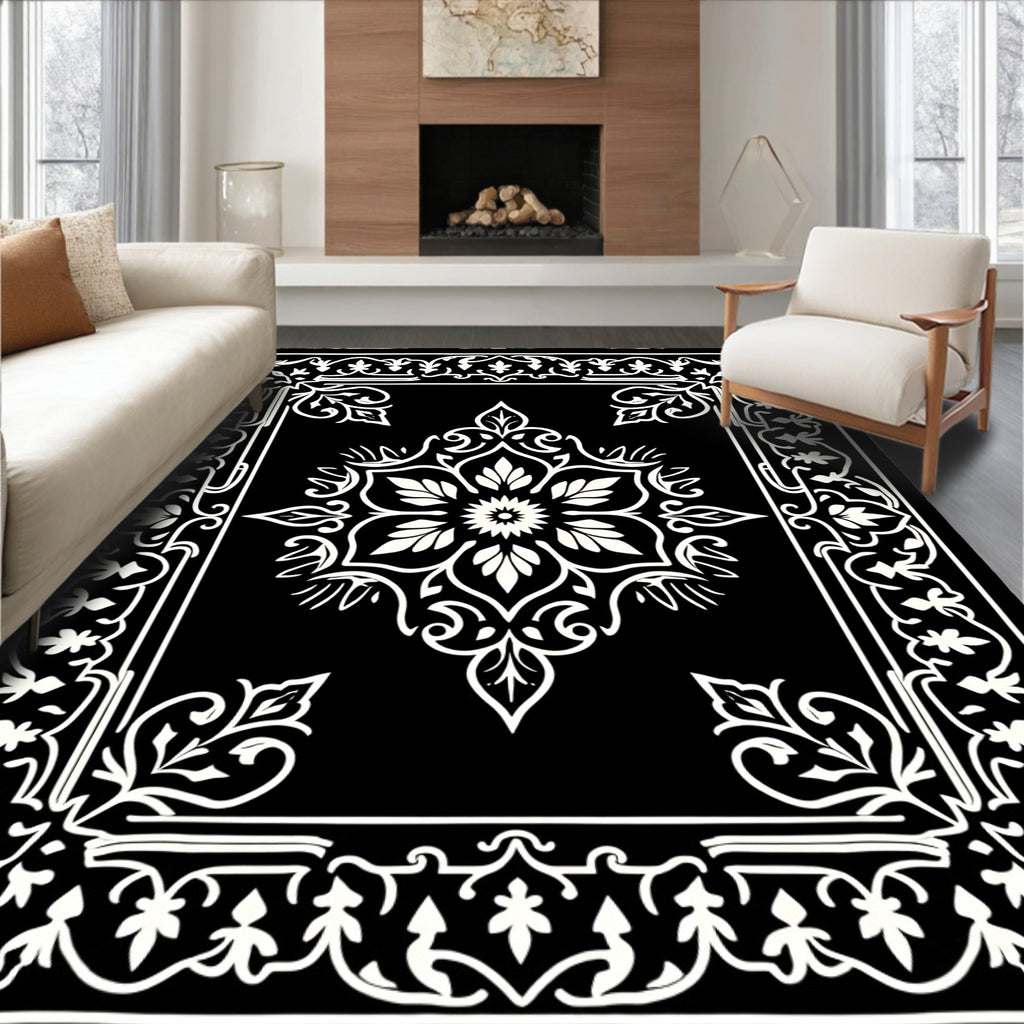 Black And White Floral Medallion Rug