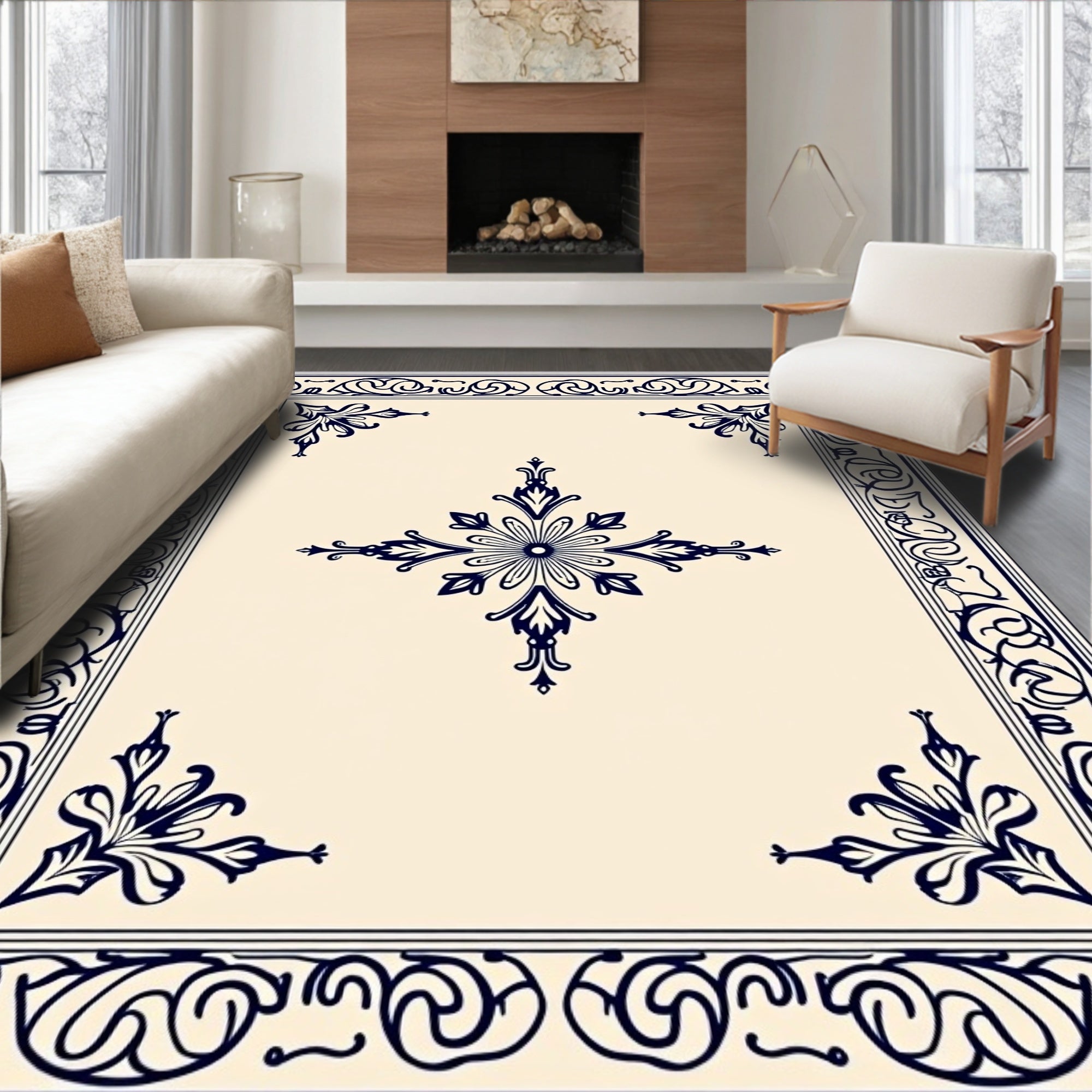 Intricate Floral Border Damask Pattern Rug