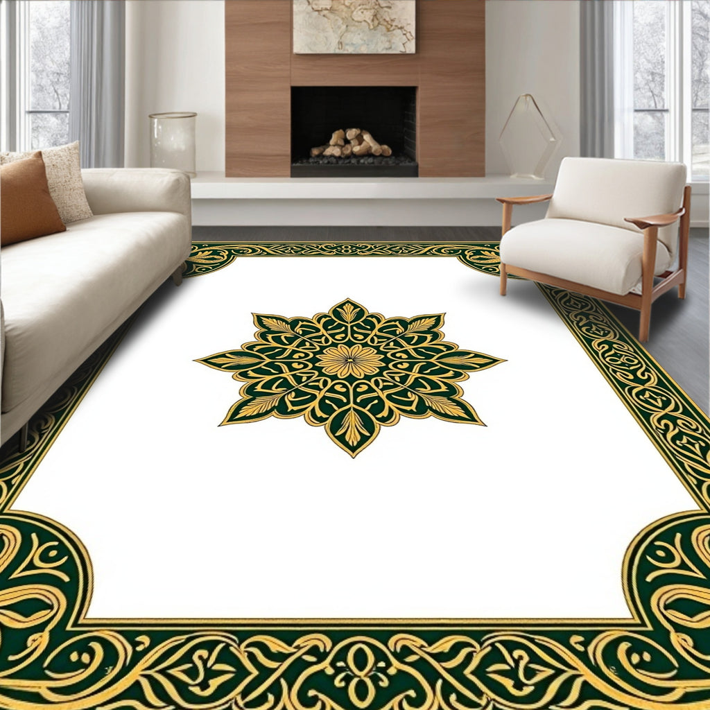 Intricate Gold Green Floral Mandala Design Rug