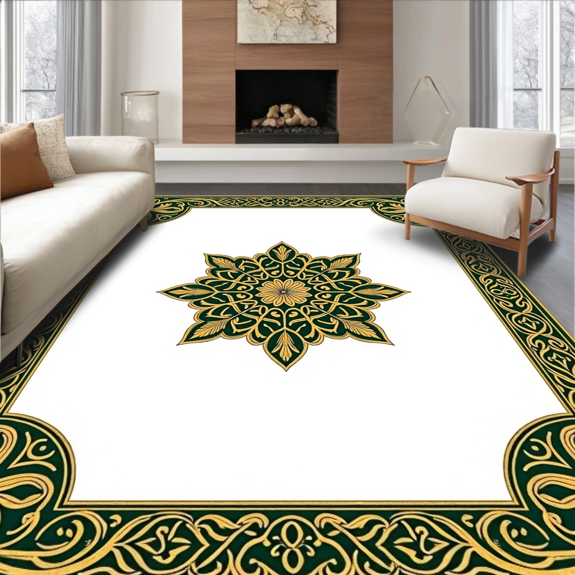 Intricate Gold Green Floral Mandala Design Rug
