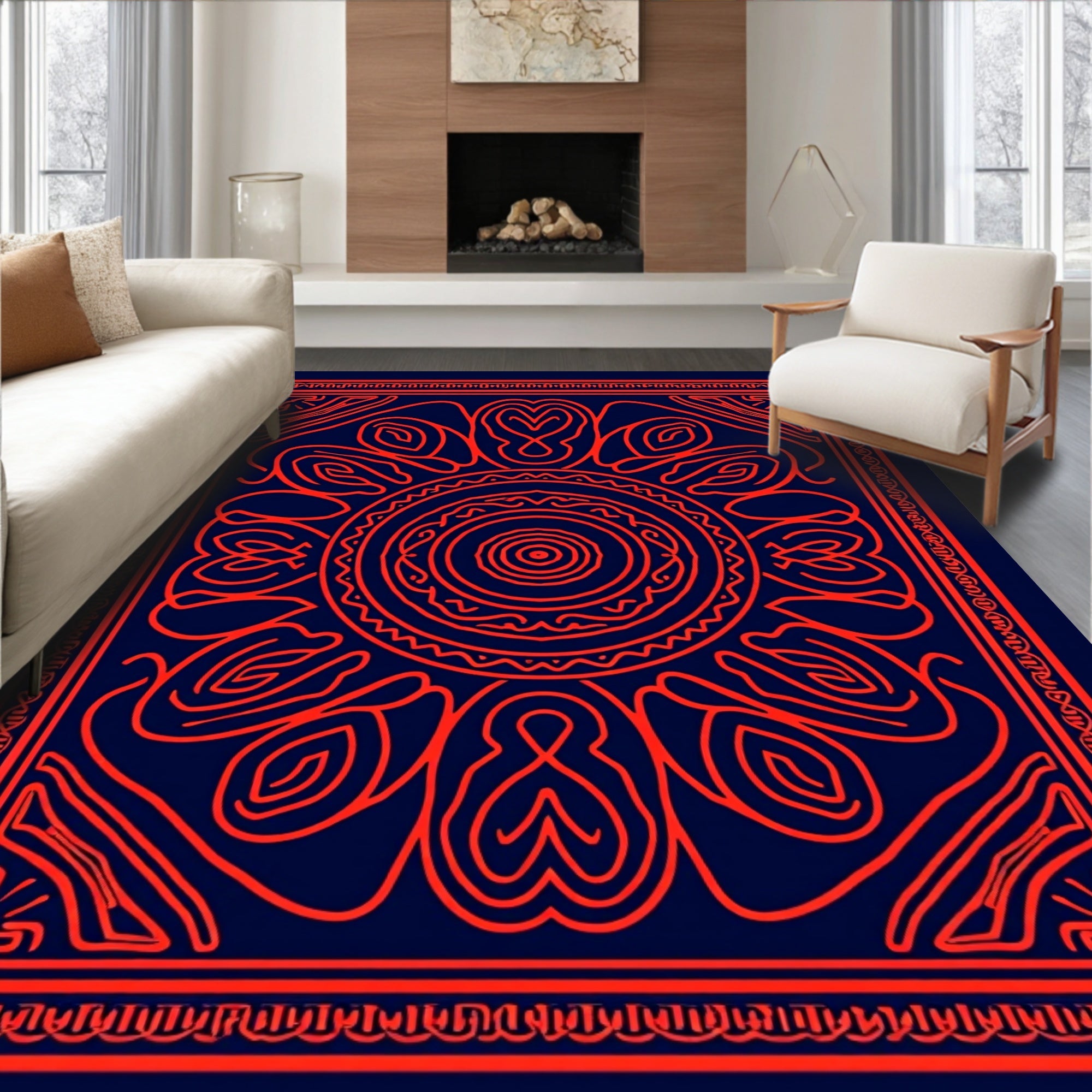 Radiant Red Sunburst Tribal Pattern Rug