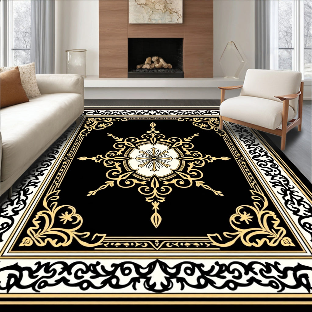 Elegant Black Gold Floral Ornament Rug