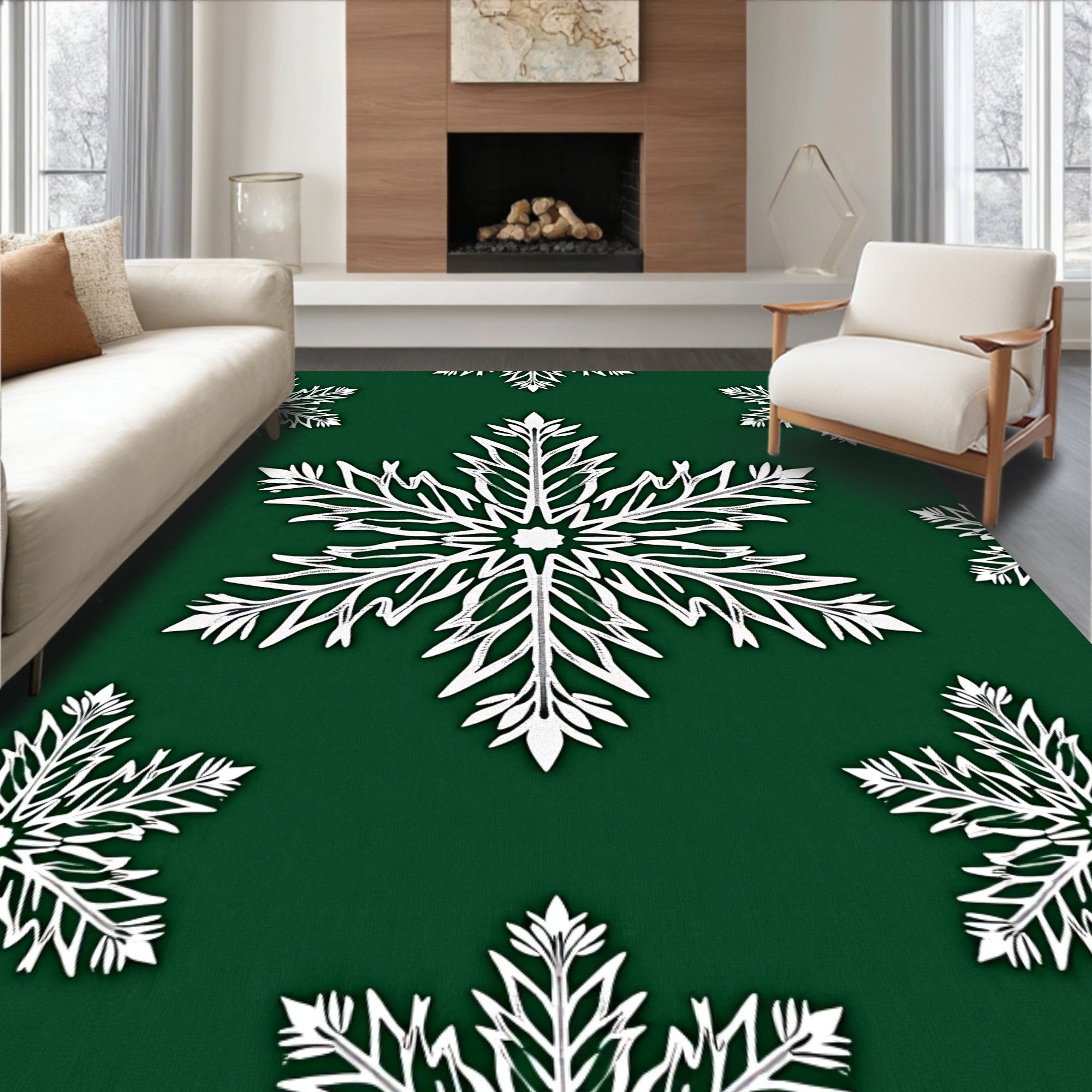 White Snowflake Pattern On Green Background Rug