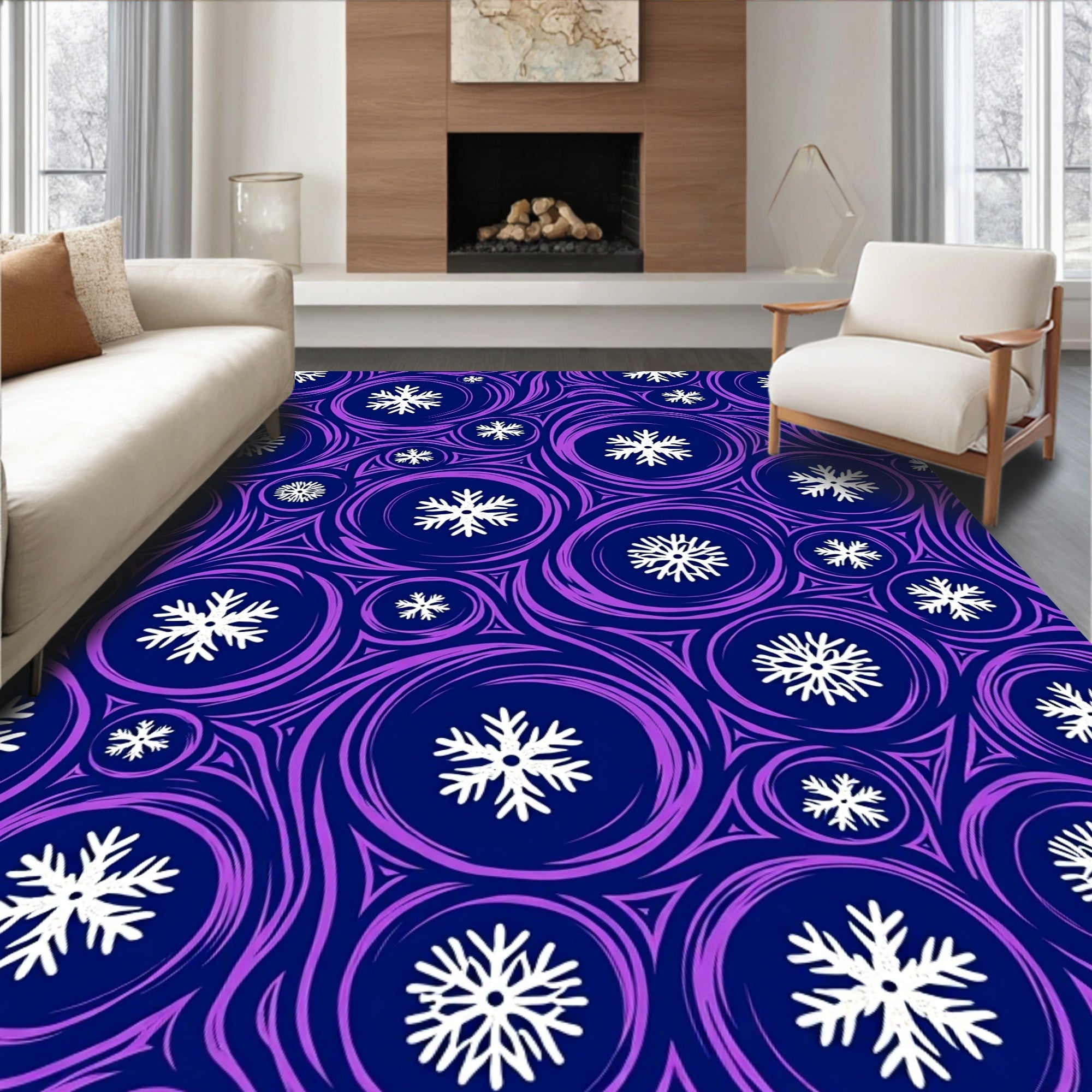 Deep Blue White Snowflake Swirls Rug
