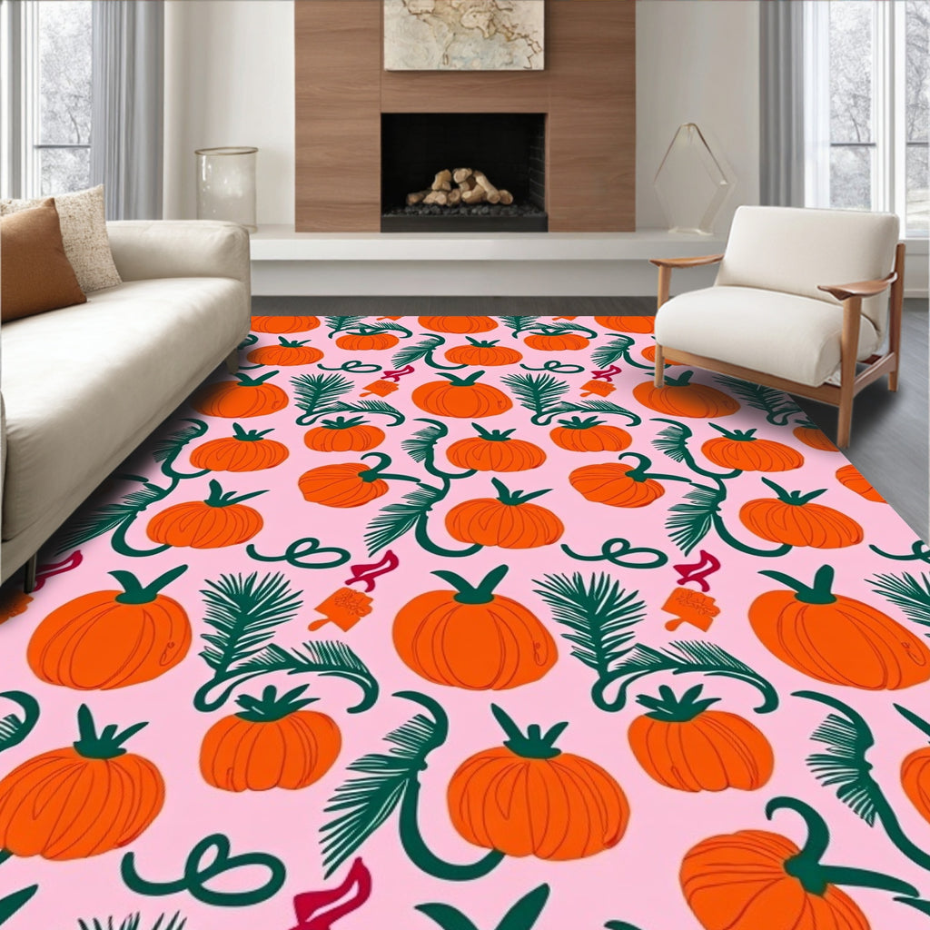 Orange Pumpkin Pine Green Foliage Rug
